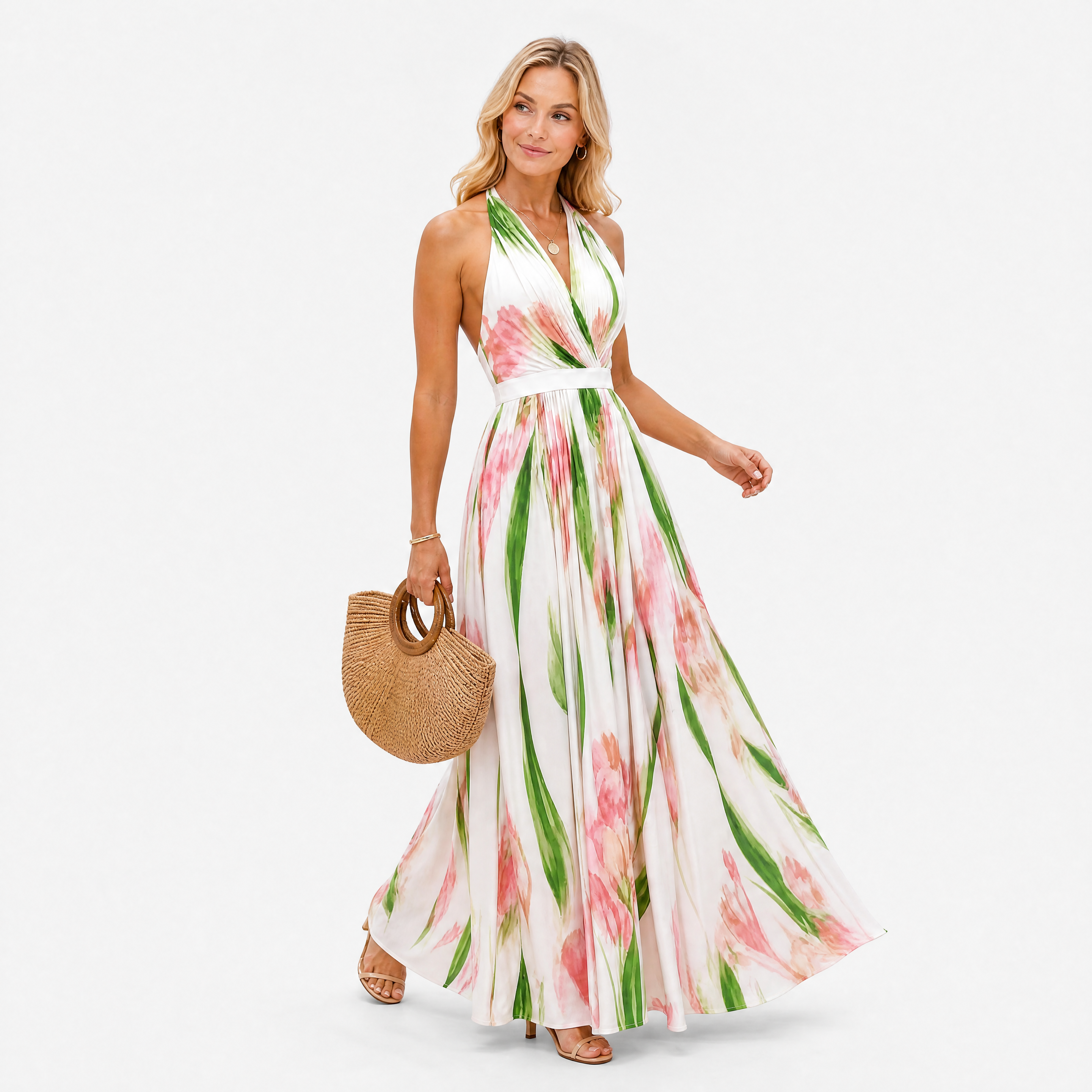 Das Weiße Maxikleid Mit Rosafarbenem Blumenmuster