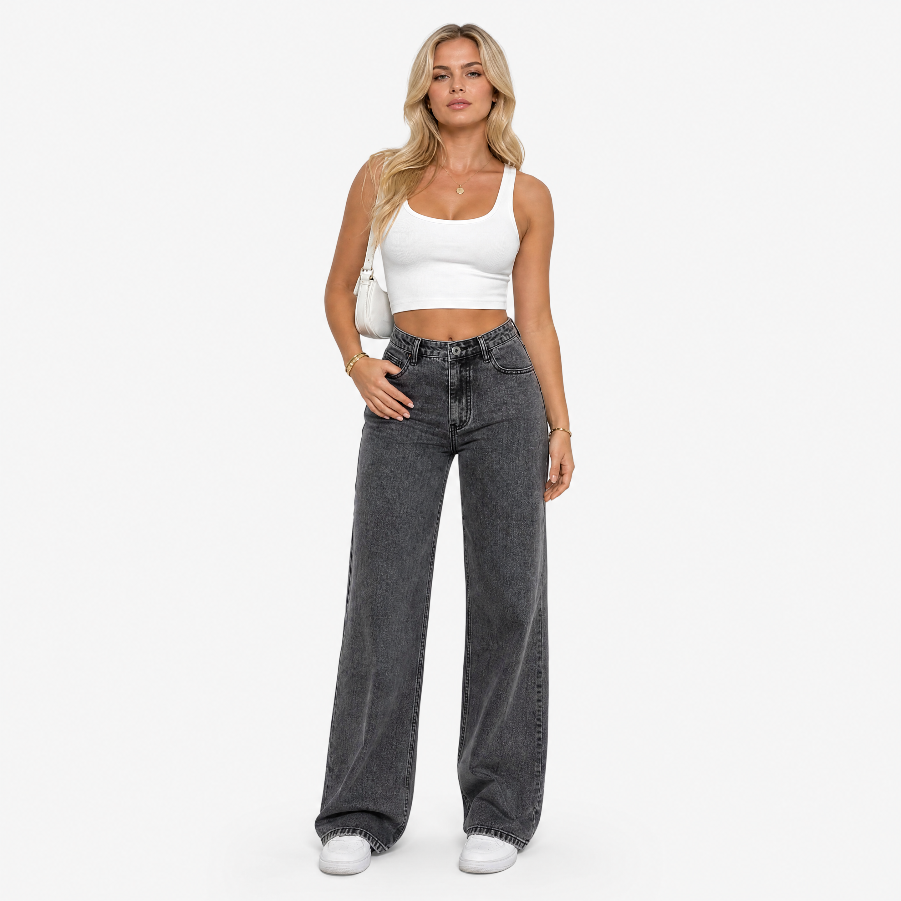 Damen Jeans Dunkelgrau mit Weitem Bein - Lockere Passform Moderner Look - Rosesamour