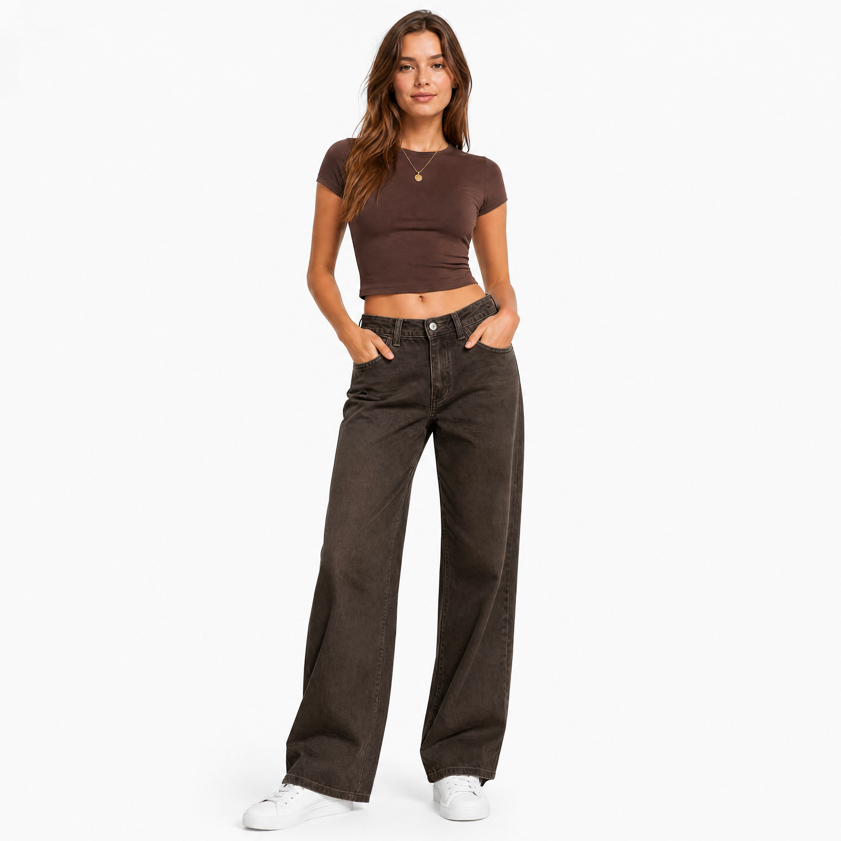 Damen Jeans Kaffeebraun mit Weitem Bein - Lockere Passform Moderner Look - Rosesamour