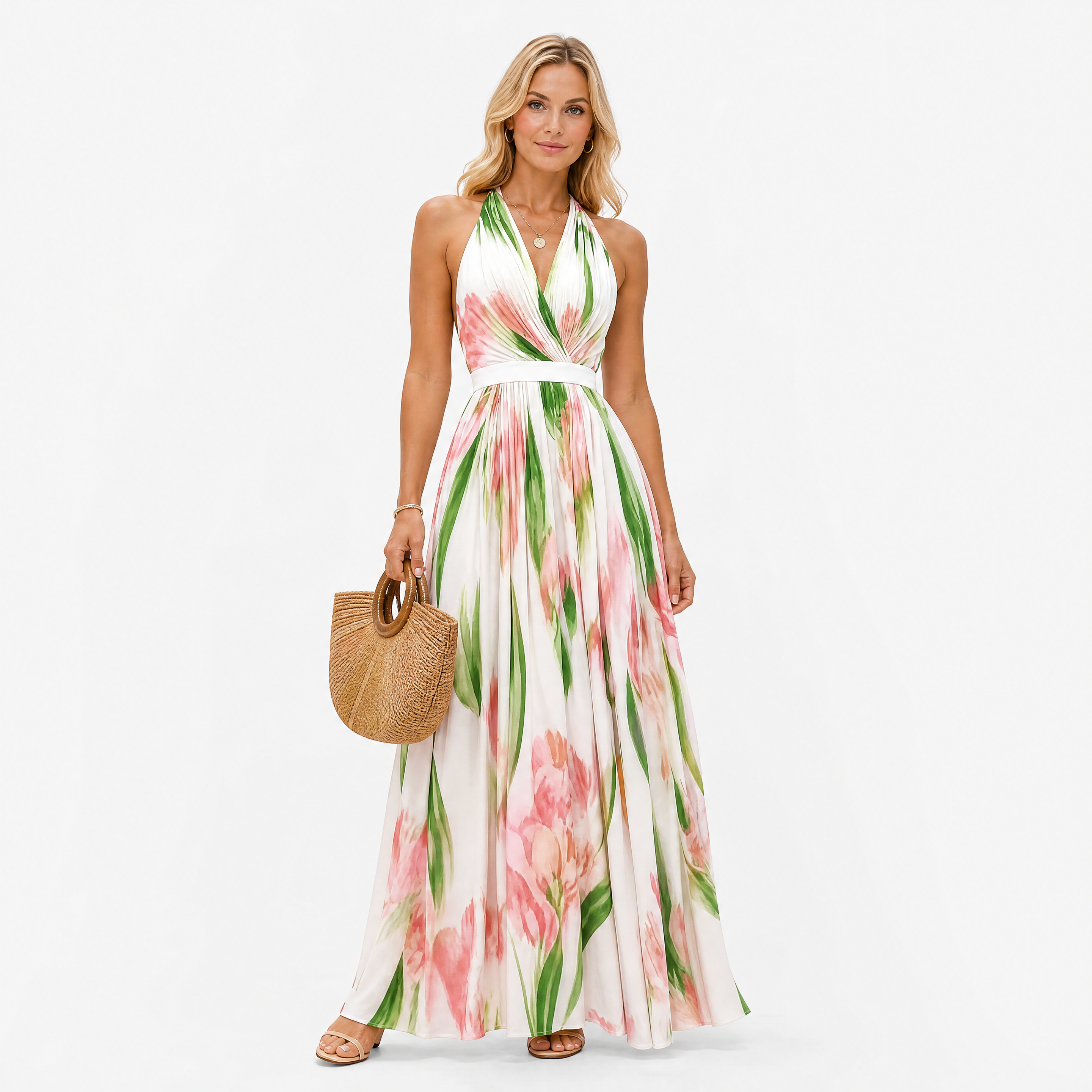 Das Weiße Maxikleid Mit Rosafarbenem Blumenmuster