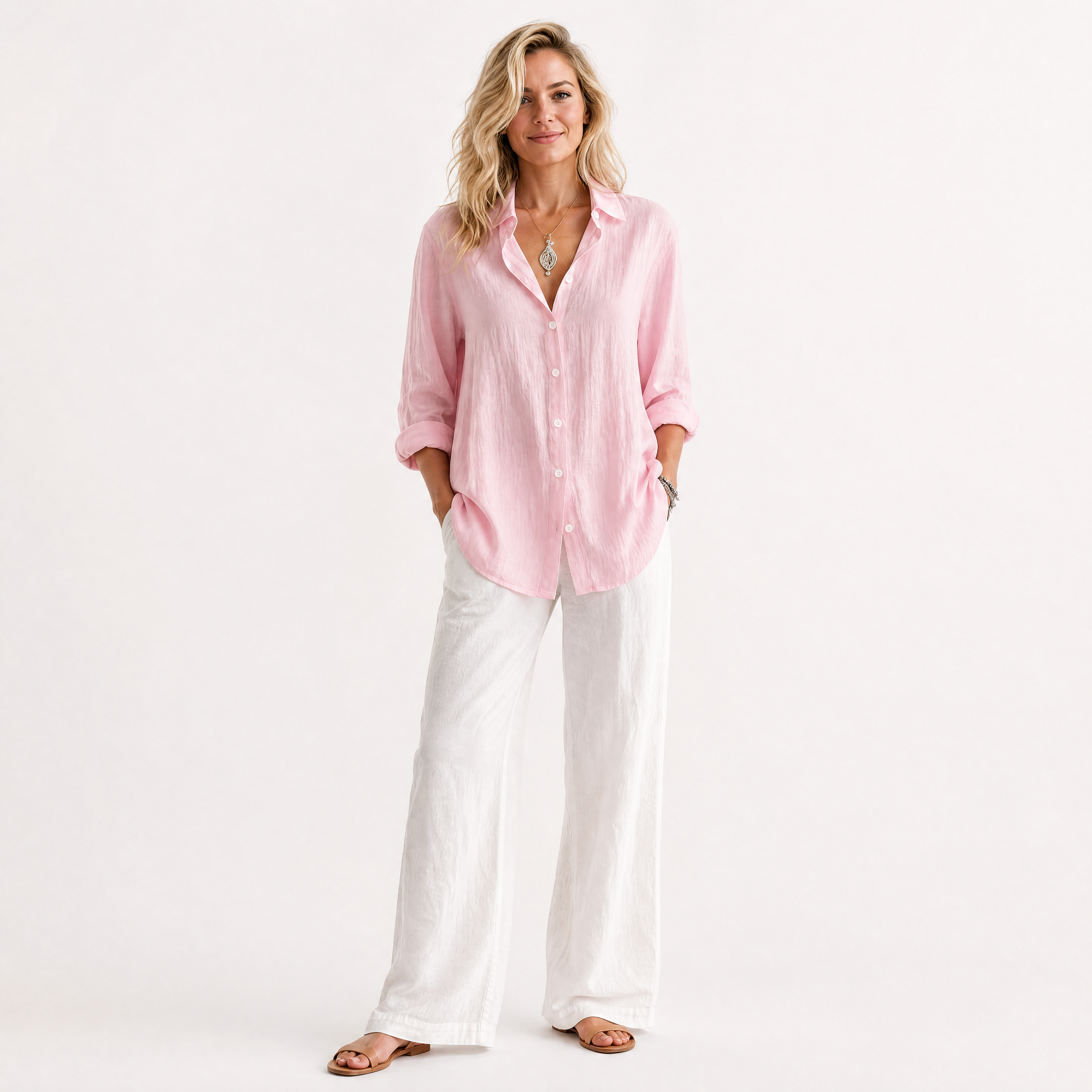 Damen Leinenbluse Rosa - Lockere Passform Luftiger Look - Rosesamour