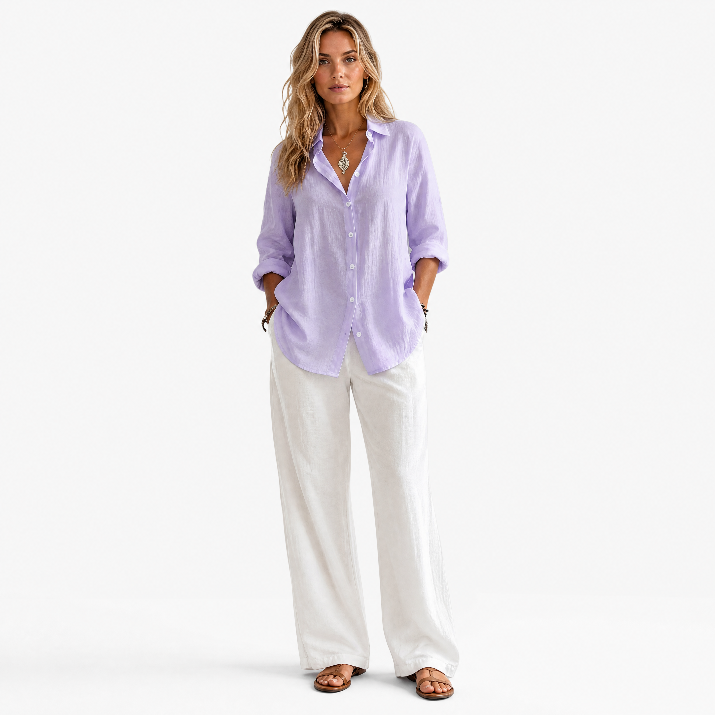 Damen Leinenbluse Lila - Lockere Passform Luftiger Look - Rosesamour