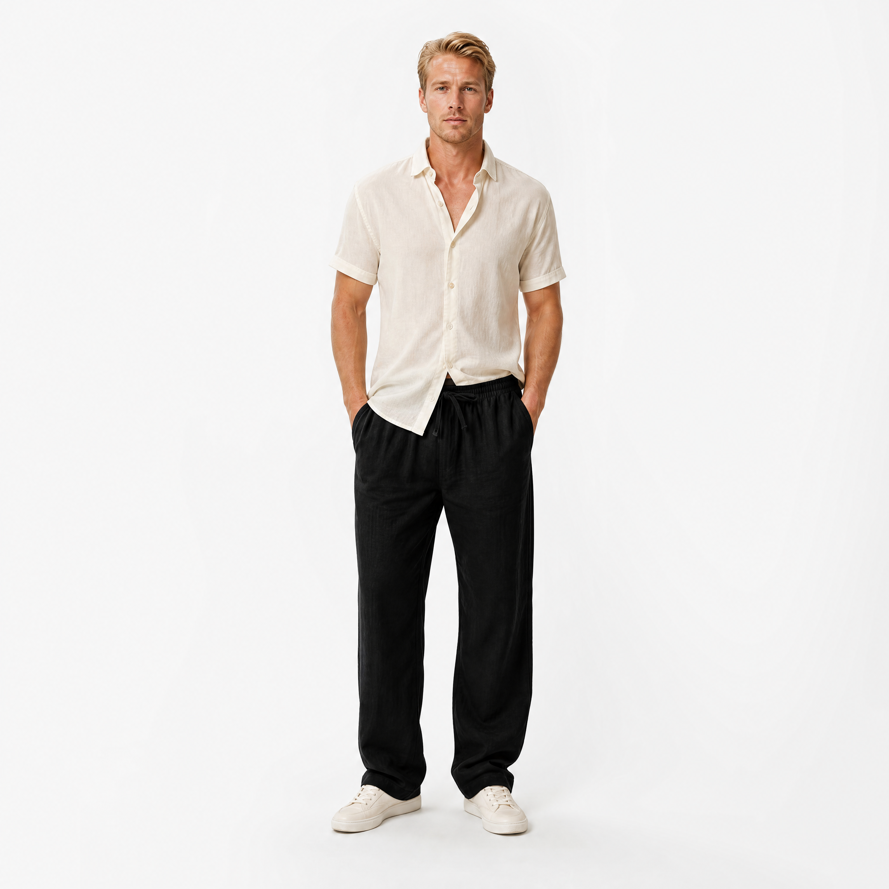 Herren Leinenhose Schwarz - Lockere Passform Luftiger Sommer Look - Rosesamour