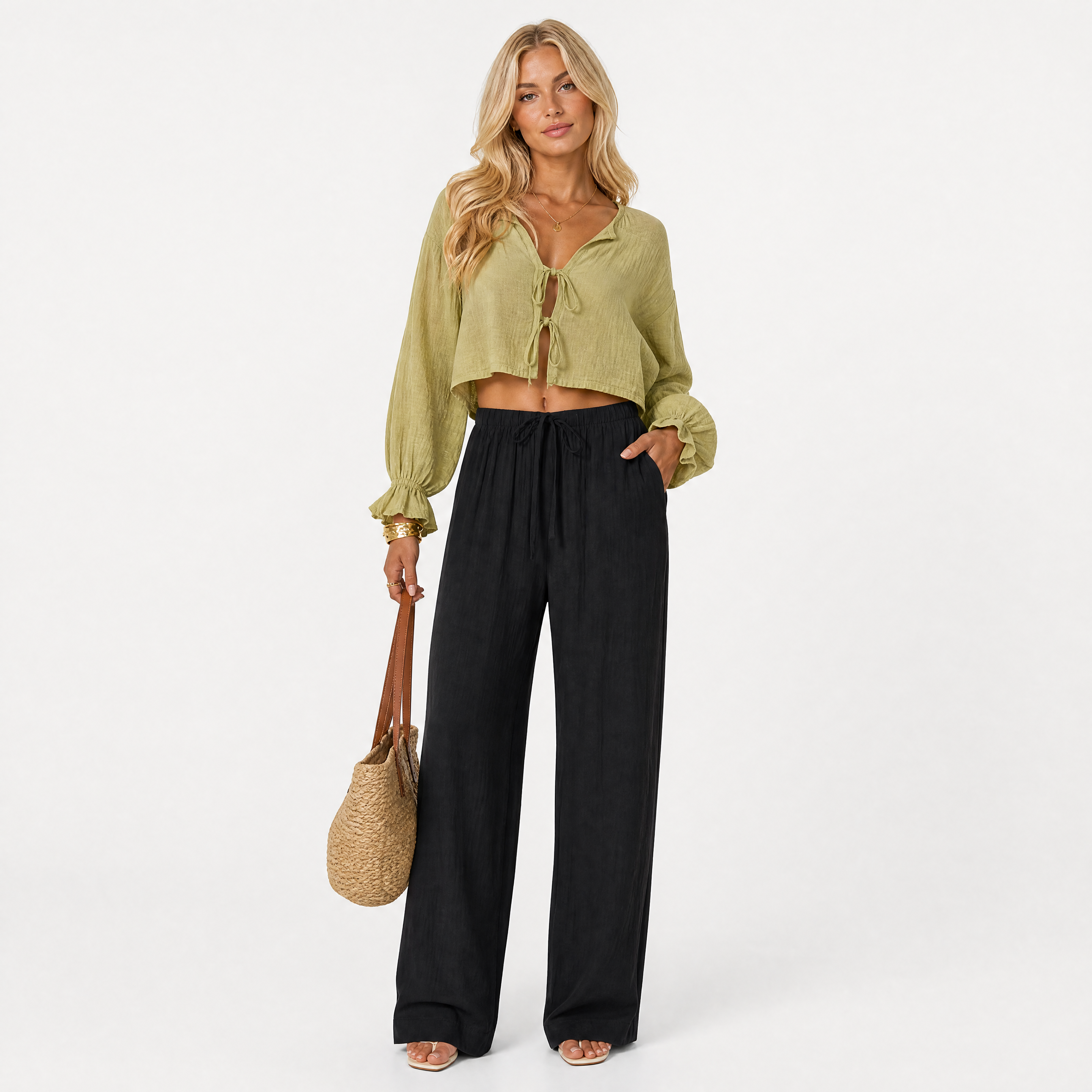 Damen Leinenhose Schwarz mit Weitem Bein - Lockere Passform Sommer Look - Rosesamour