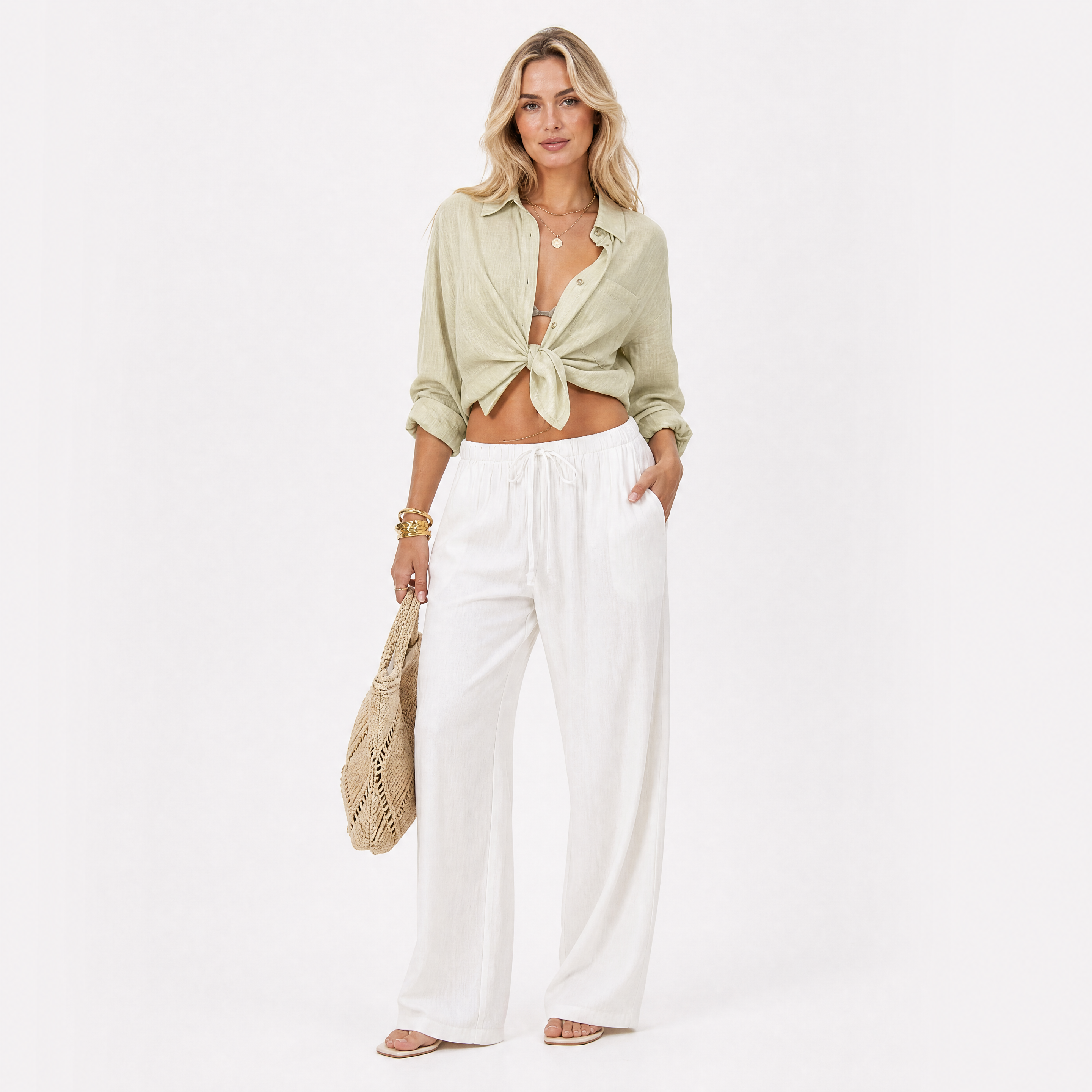 Damen Leinenhose Weiß mit Weitem Bein - Lockere Passform Sommer Look - Rosesamour