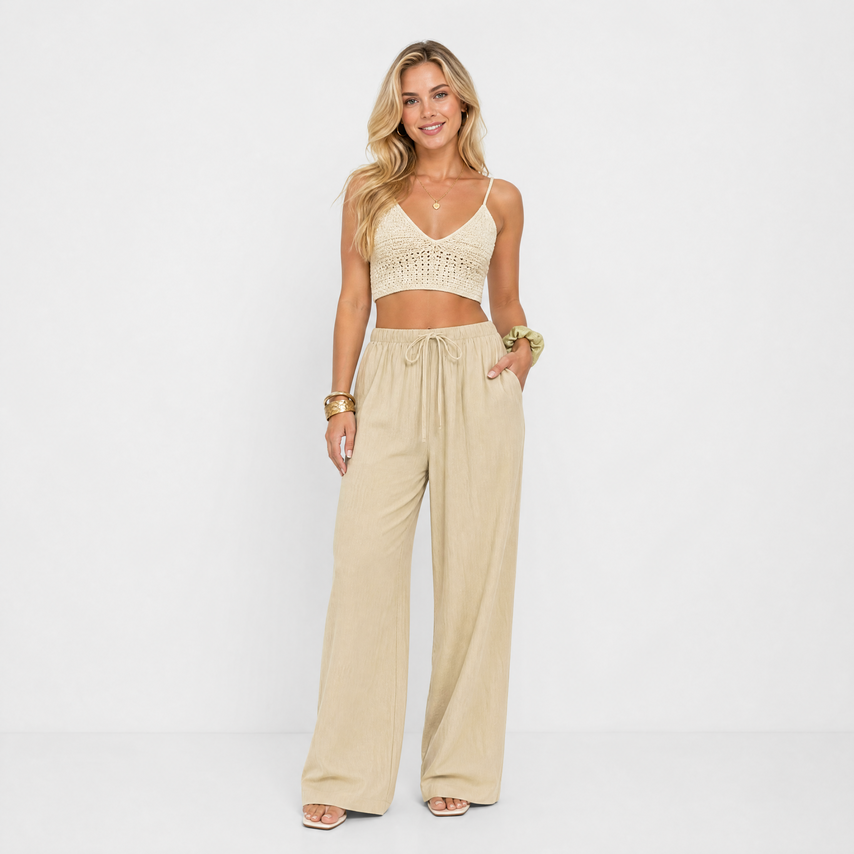 Damen Leinenhose Khaki mit Weitem Bein - Lockere Passform Sommer Look - Rosesamour