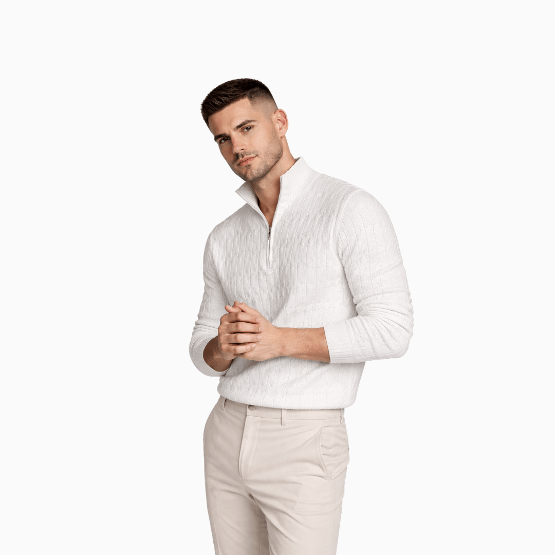 Herren Zopfstrick Pullover Weiß mit Reißkragen - Eleganter Komfort Moderner Look - Rosesamour