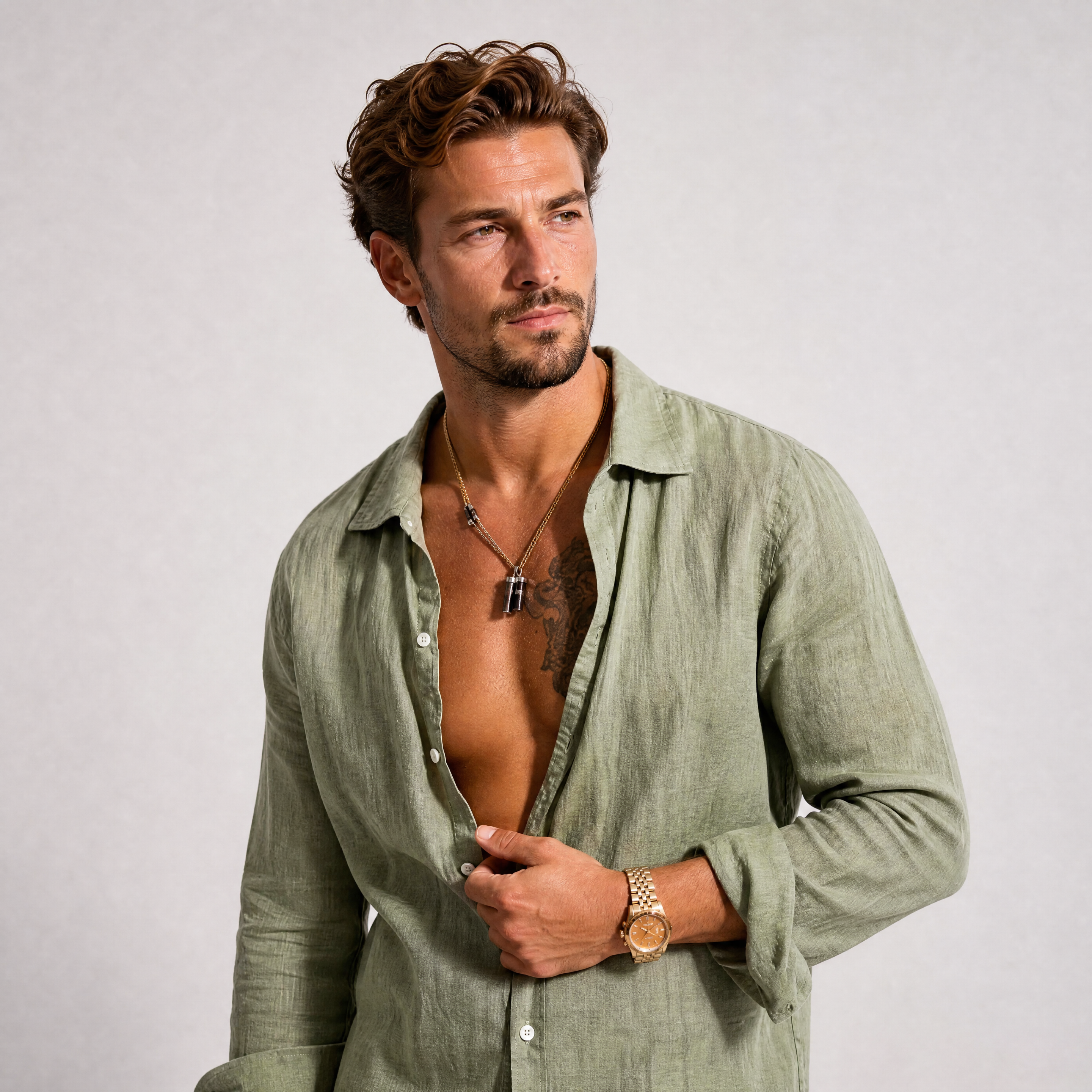 Herren Leinenhemd Olivgrün - Strukturierte Passform Luftiger Sommer Look - Rosesamour