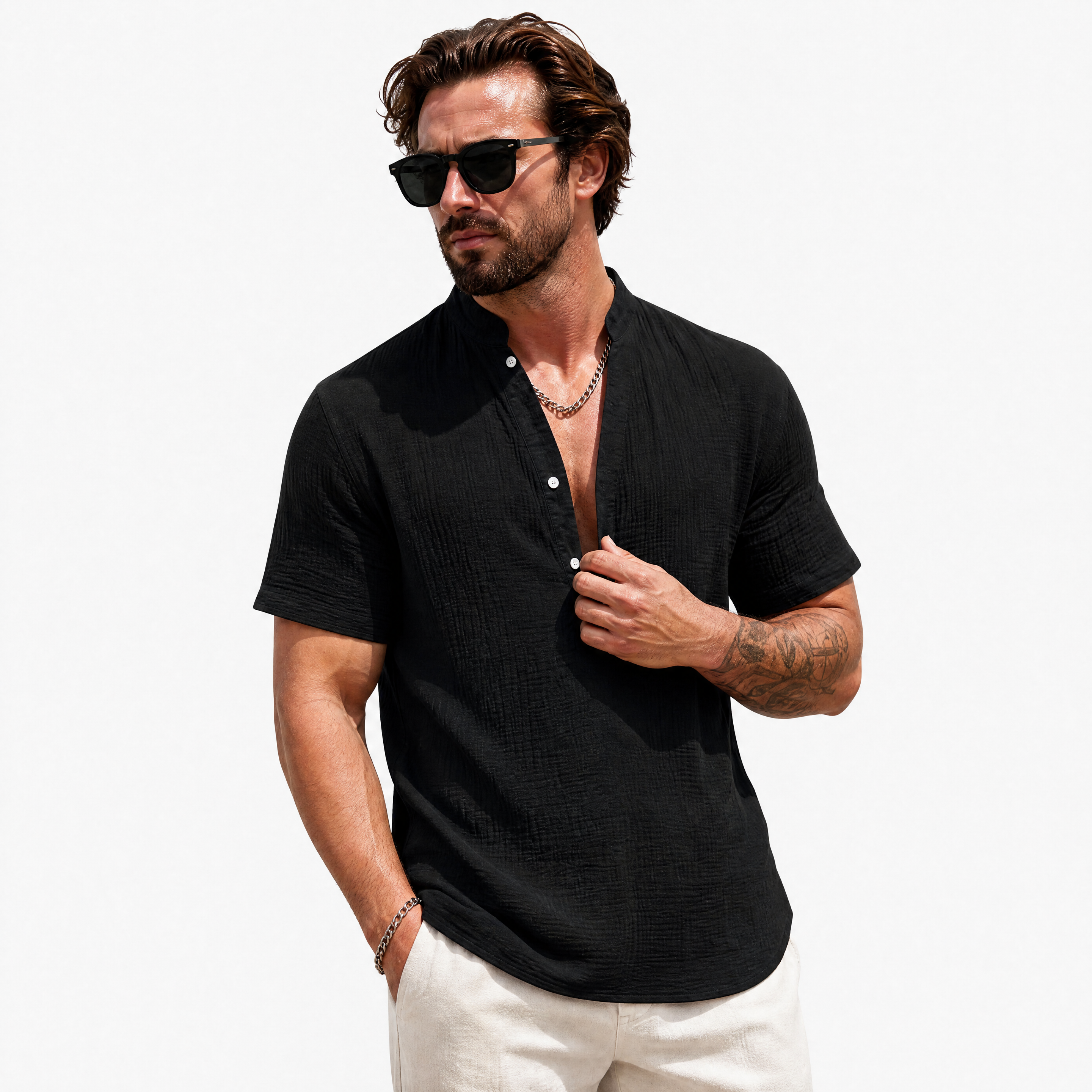 Herren Leinen Henley Hemd Schwarz - Luftige Passform Sommer Look - Rosesamour