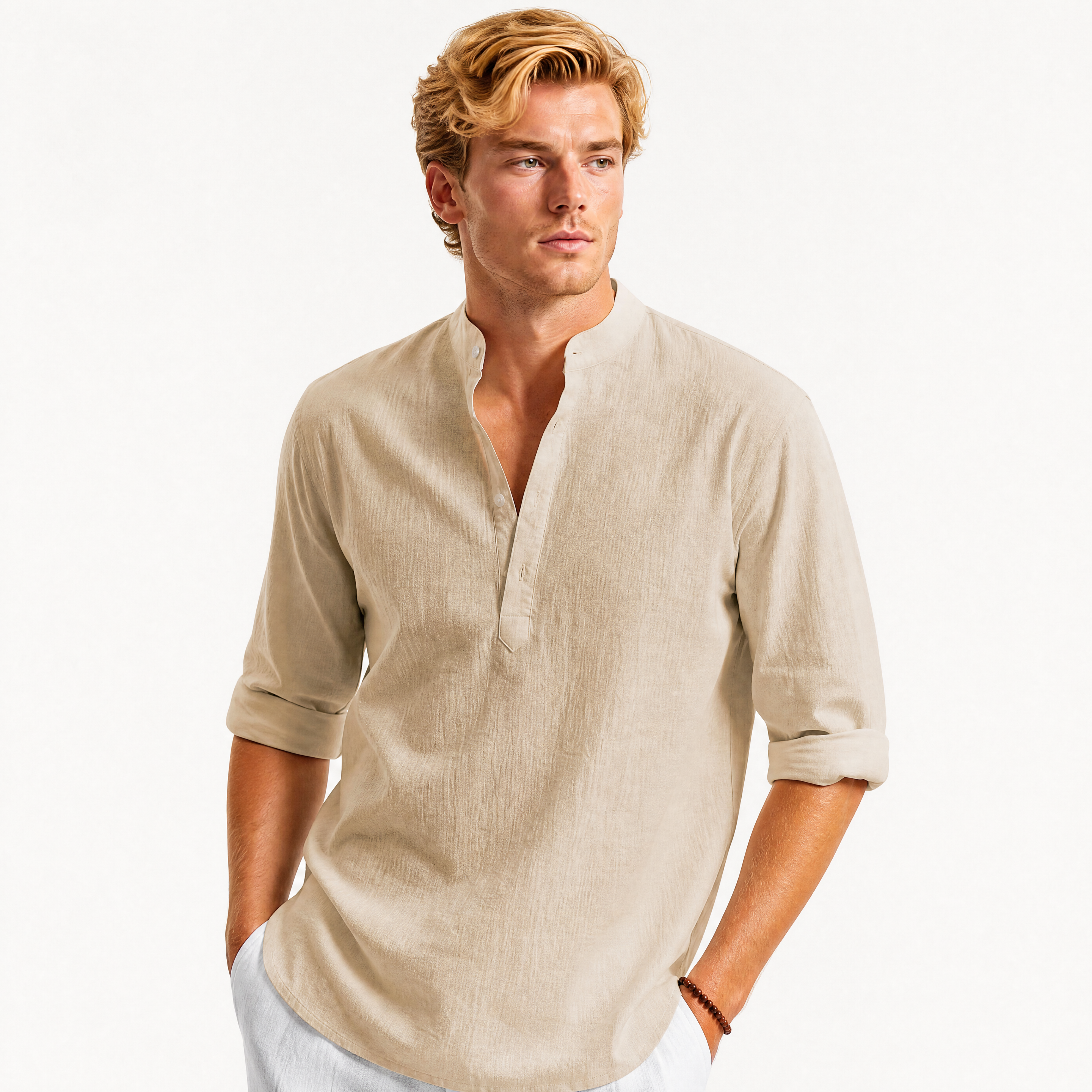 Herren Leinen Henley Hemd Beige - Lockere Passform Freizeit Look - Rosesamour