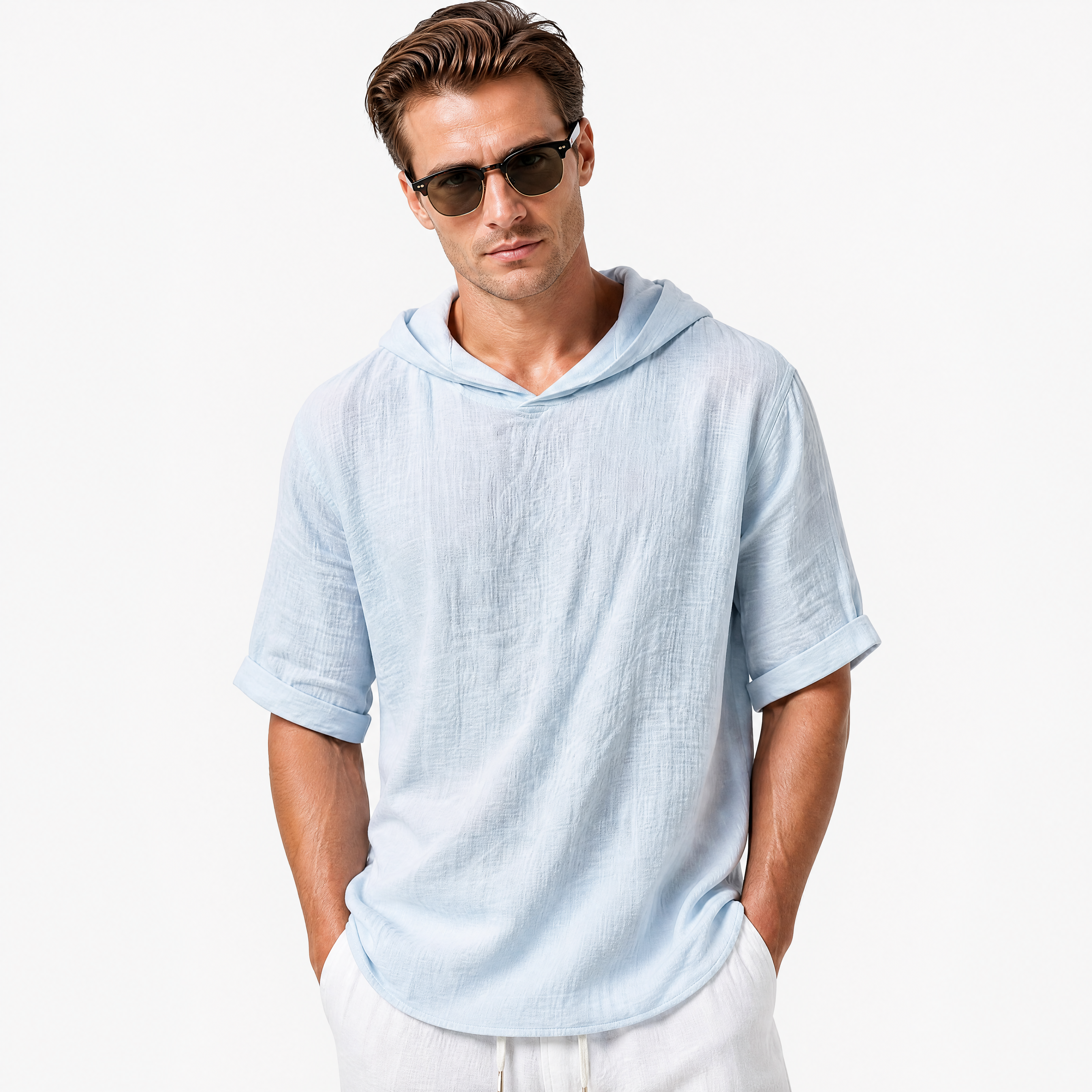 Herren Leinen Hoodie Shirt Hellblau - Lockere Passform Sommer Freizeit Look - Rosesamour
