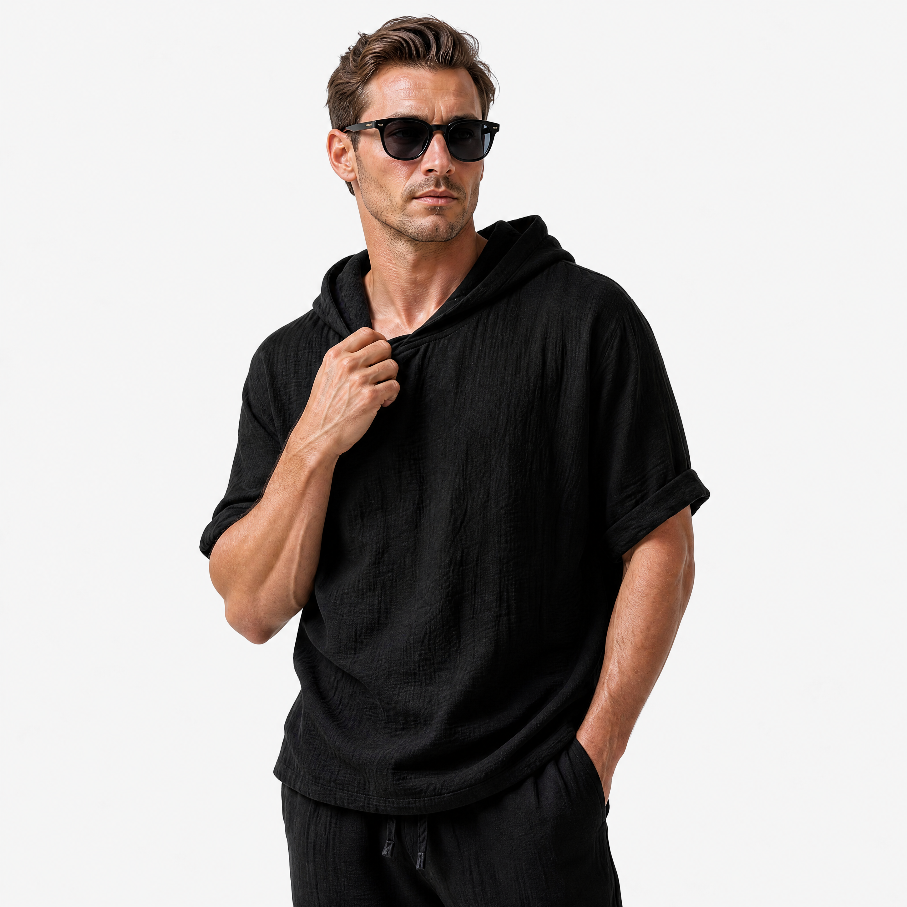 Herren Leinen Hoodie Shirt Schwarz - Lockere Passform Sommer Freizeit Look - Rosesamour