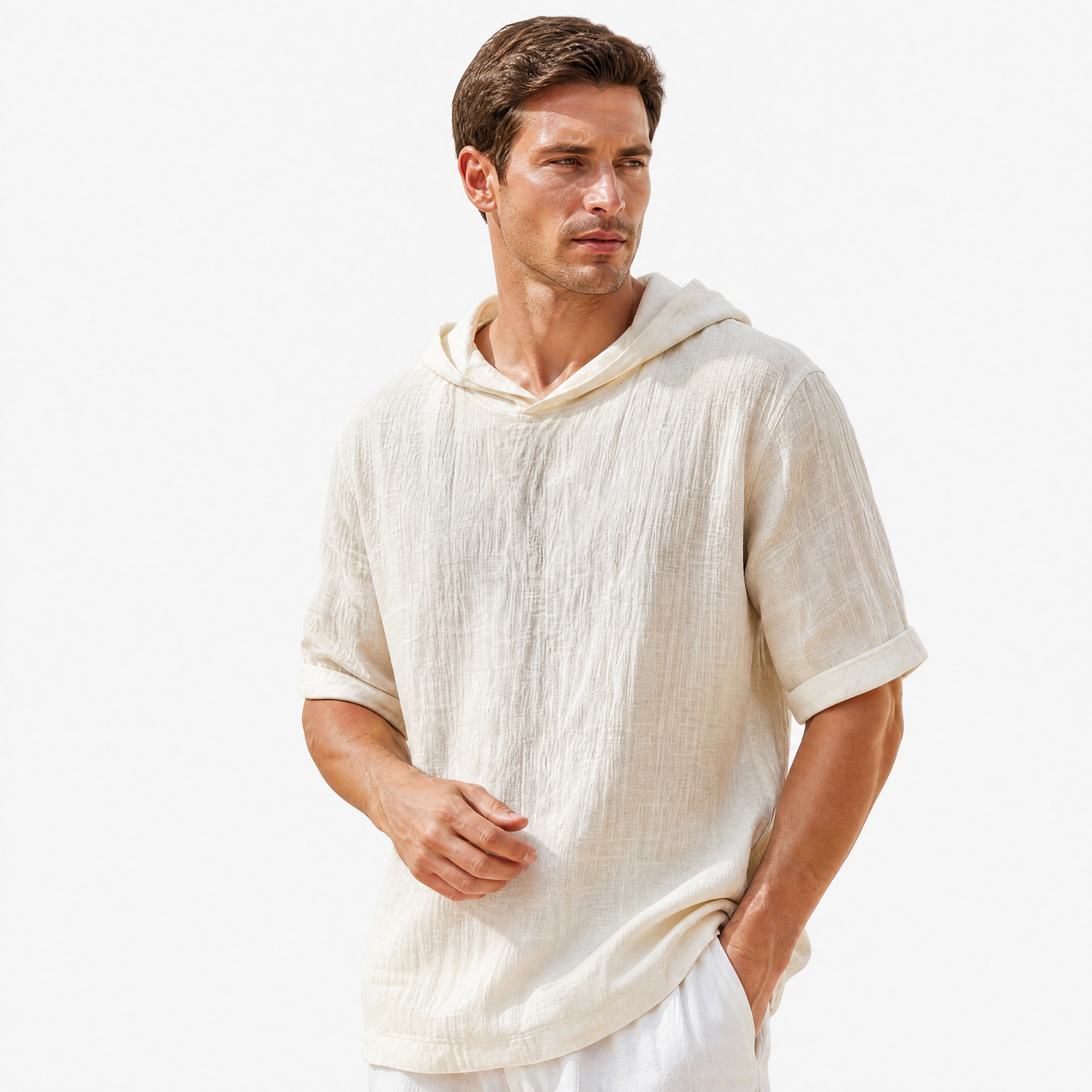Herren Leinen Hoodie Shirt Creme - Lockere Passform Sommer Freizeit Look - Rosesamour