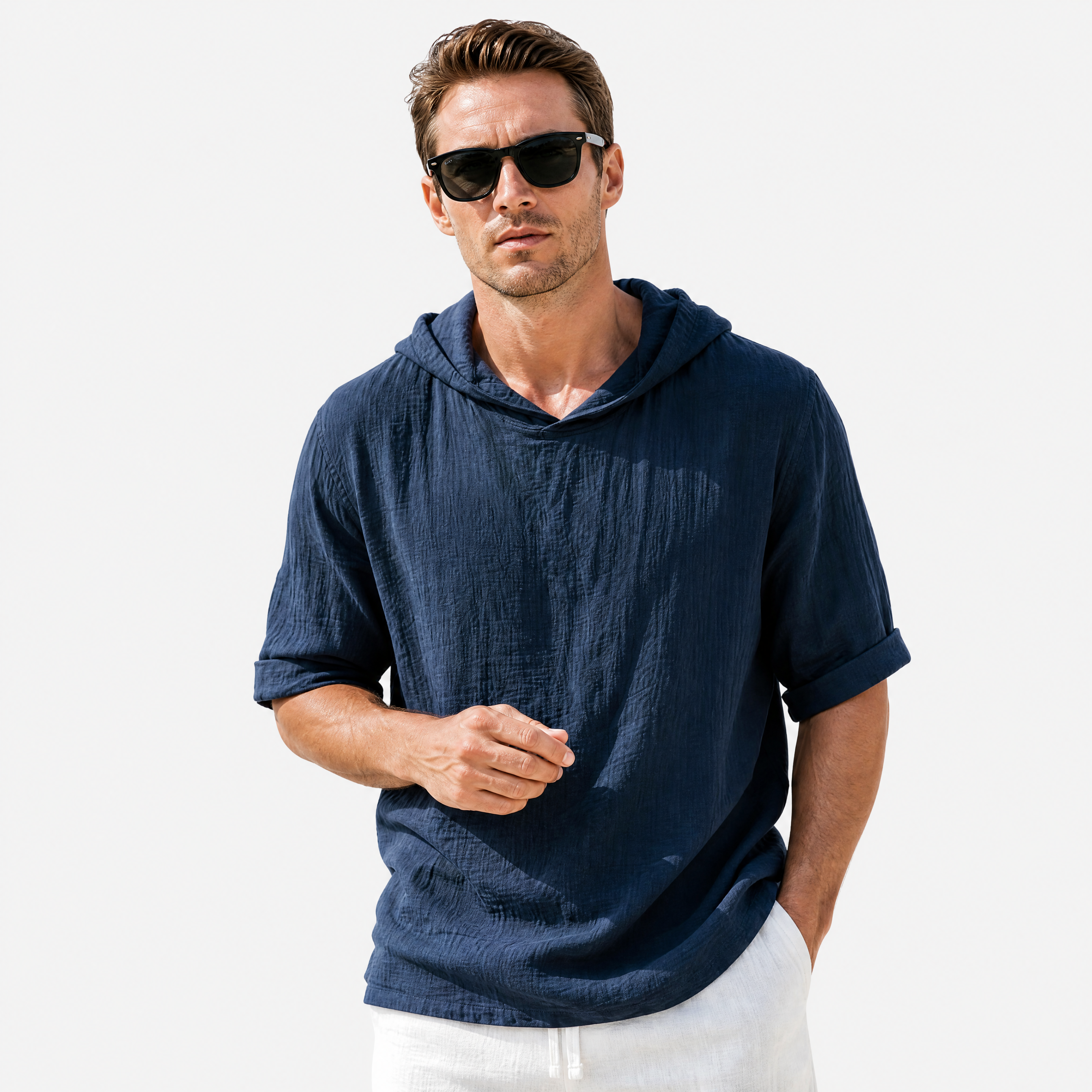 Herren Leinen Hoodie Shirt Marineblau - Lockere Passform Sommer Freizeit Look - Rosesamour