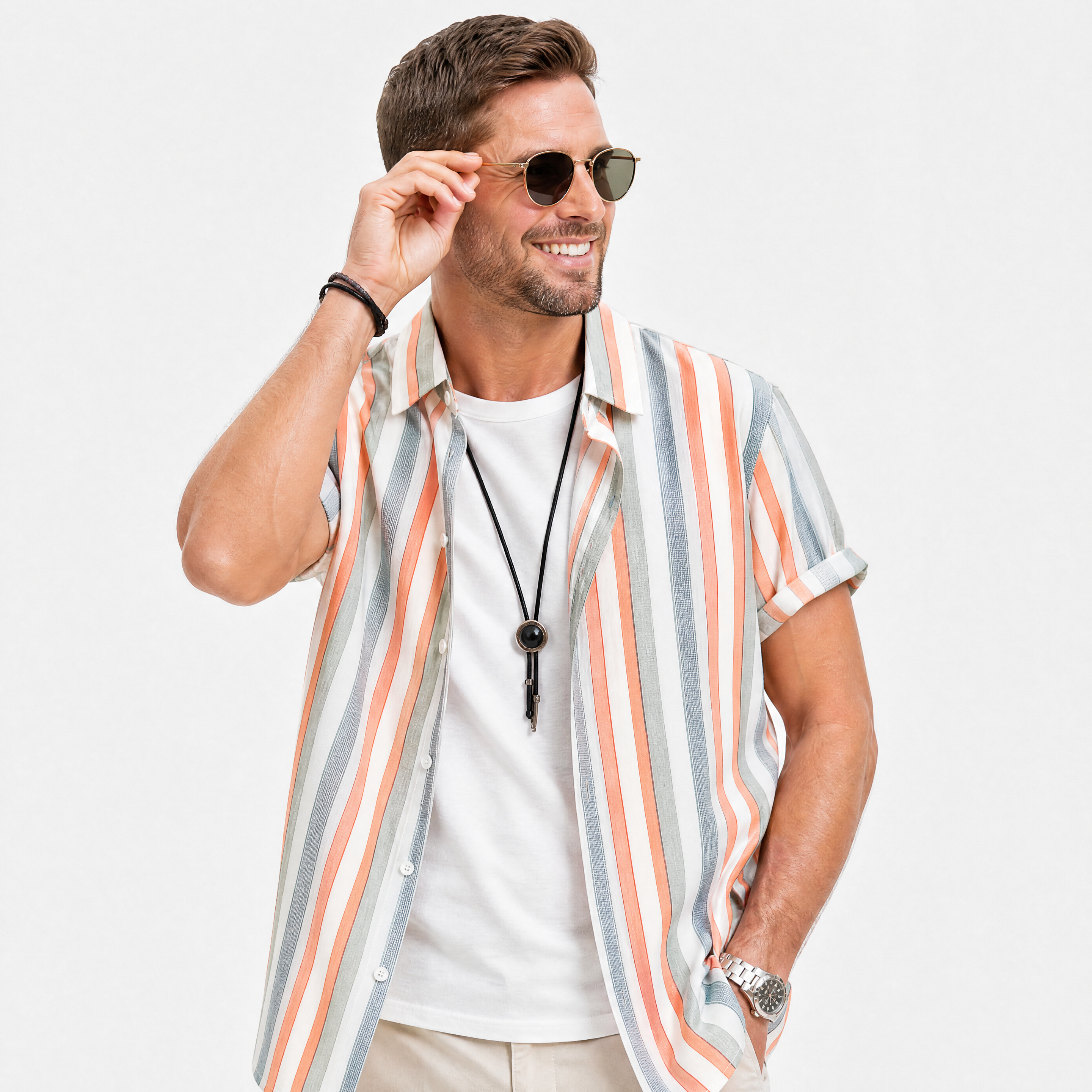 Herren Kurzarm Hemd Gestreift - Leichter Sommer Look Lockere Passform - Rosesamour