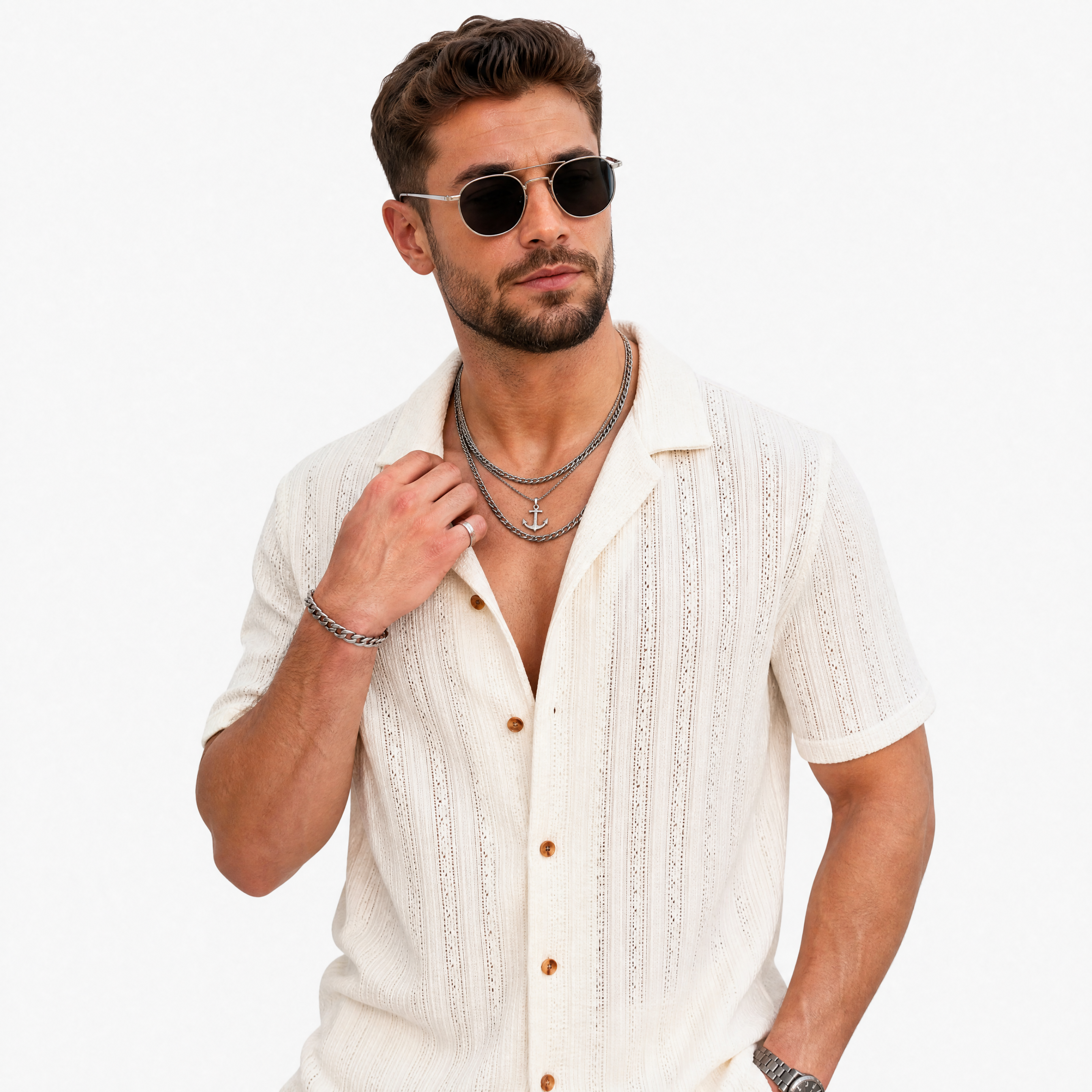 Herren Kurzarm Hemd Creme Strukturiert - Leichter Sommer Look Lockere Passform - Rosesamour