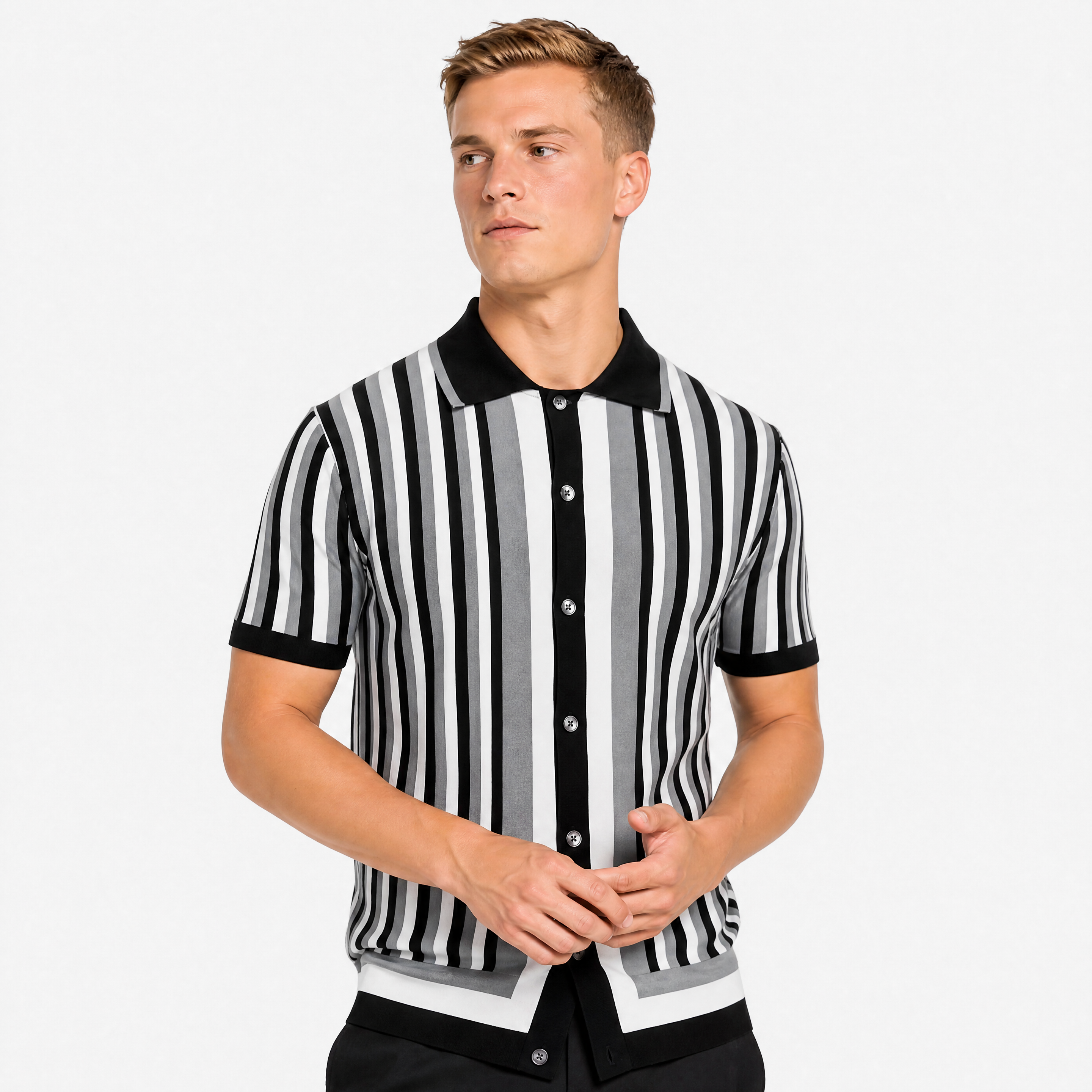 Herren Feinstrick Kurzarm Hemd Schwarz Gestreift - Moderner Sommer Look Lockere Passform - Rosesamour