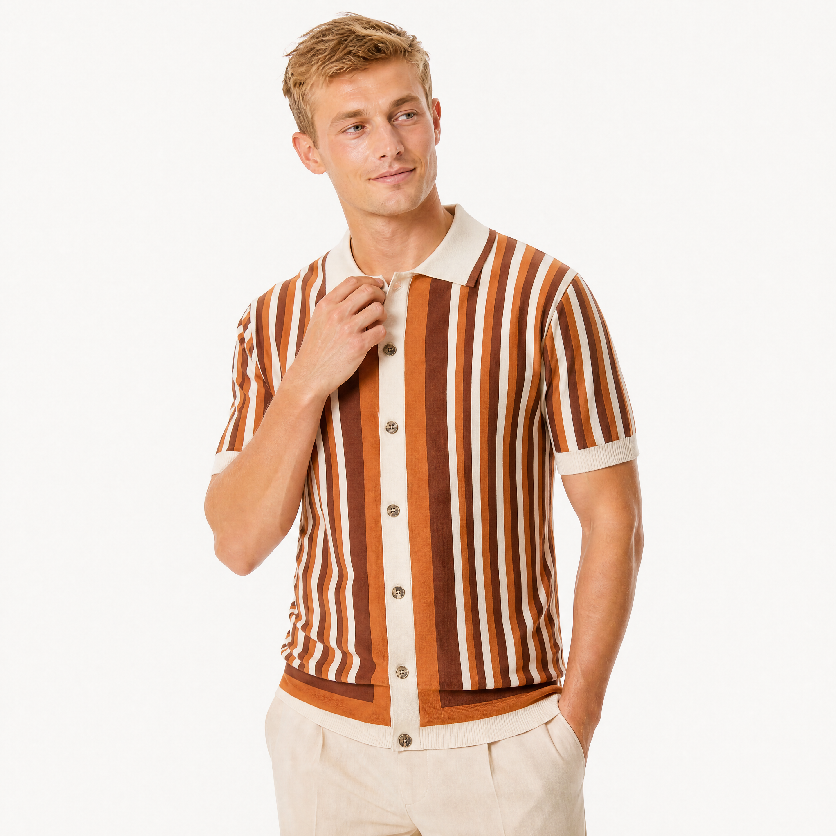 Herren Feinstrick Kurzarm Hemd Khaki Gestreift - Moderner Sommer Look Lockere Passform - Rosesamour