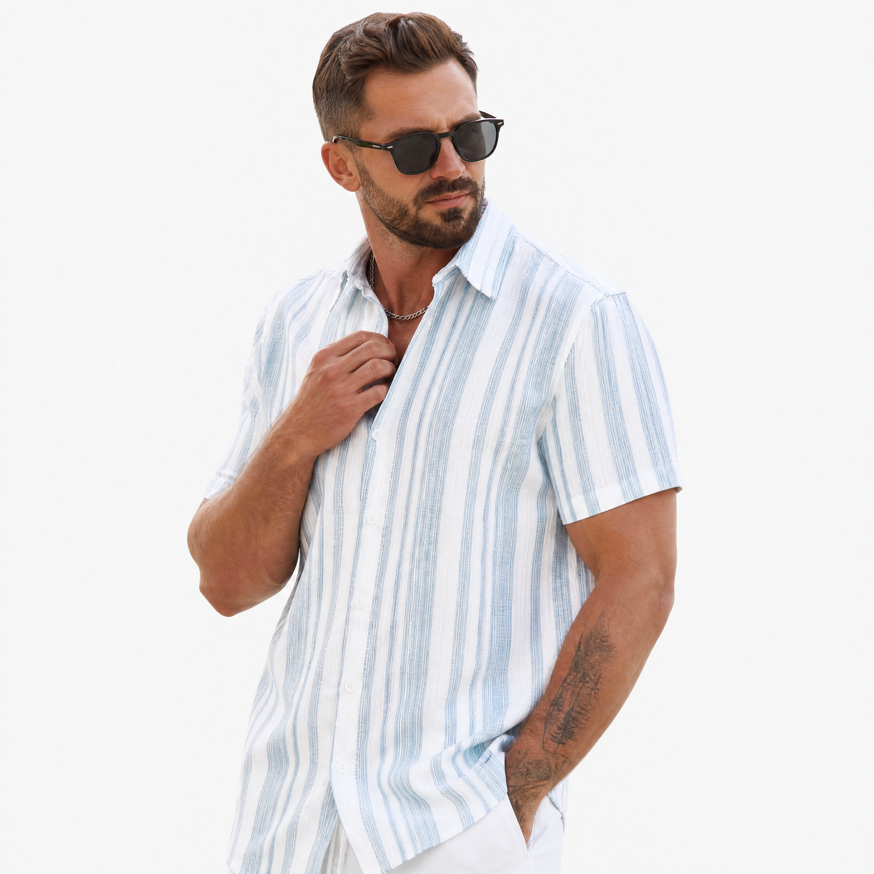 Herren Kurzarm Hemd Blau Gestreift - Leichter Sommer Look Lockere Passform - Rosesamour