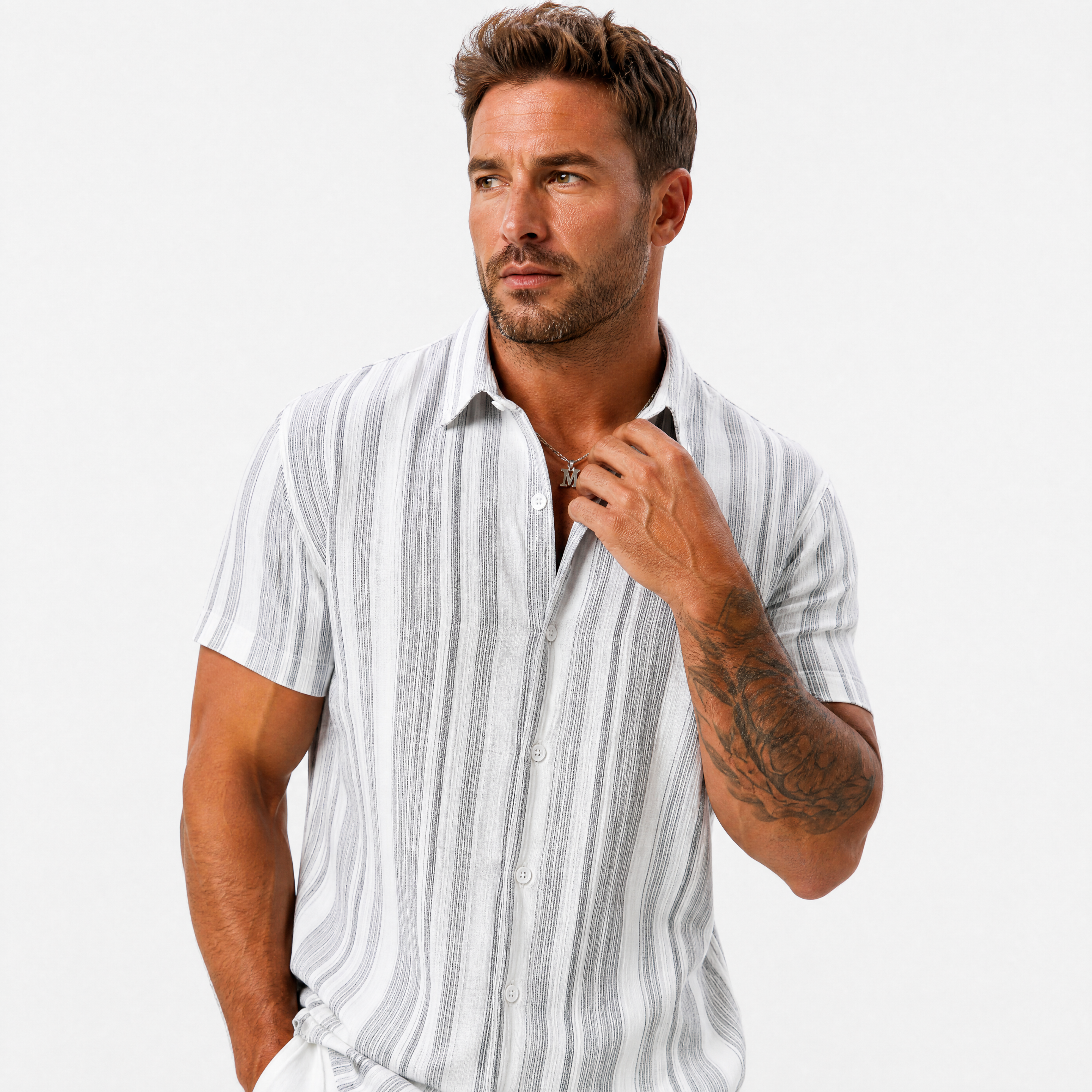 Herren Kurzarm Hemd Grau Gestreift - Leichter Sommer Look Lockere Passform - Rosesamour