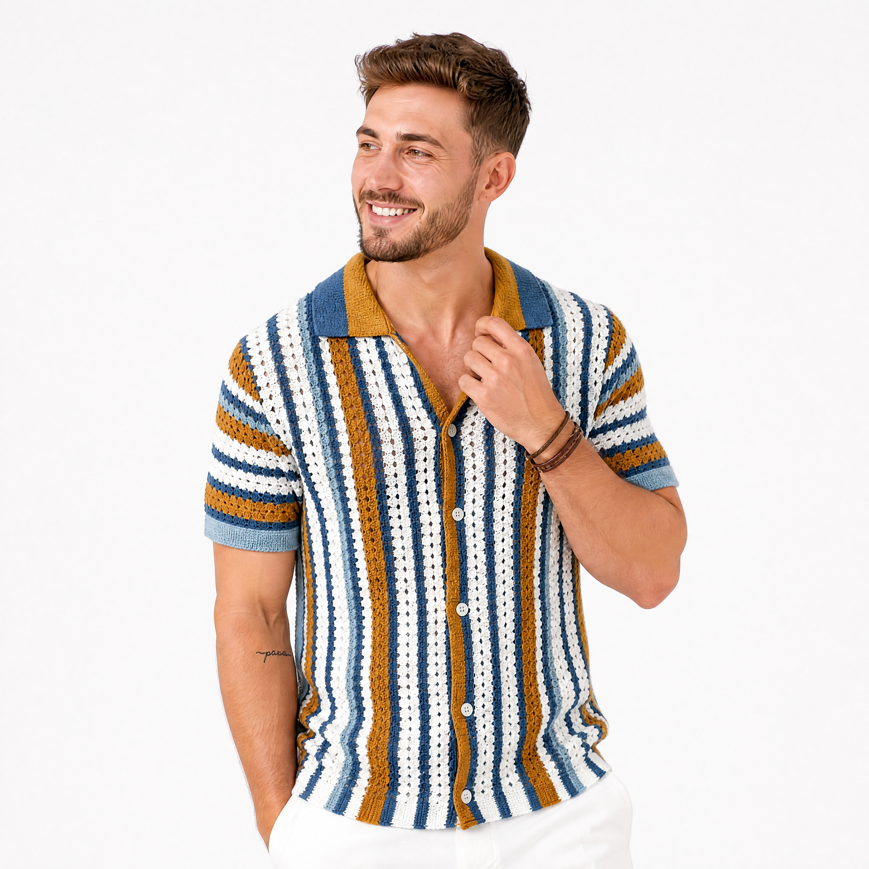 Herren Kurzarm Hemd Mehrfarbig Gestreift - Strukturierter Sommer Look Lockere Passform - Rosesamour
