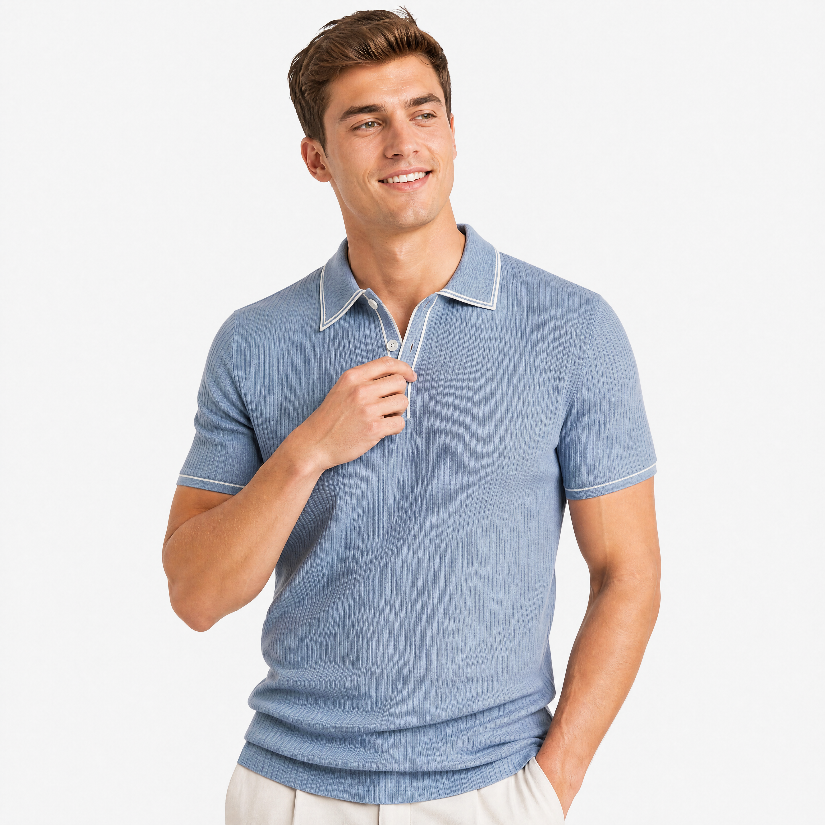 Herren Kurzarm Polo Hemd Blau Gerippt - Leichter Sommer Look Moderne Passform - Rosesamour