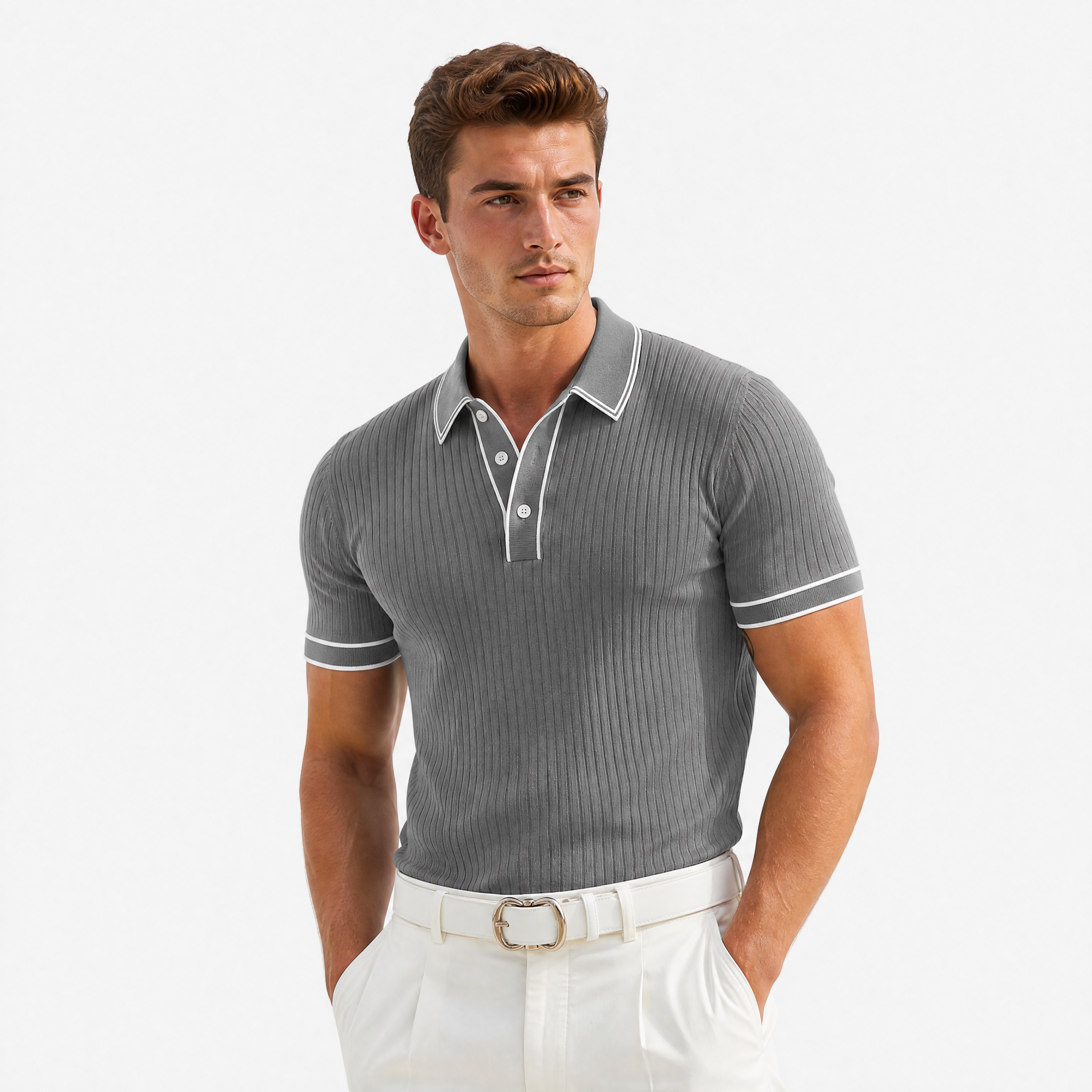 Herren Kurzarm Polo Hemd Grau Gerippt - Leichter Sommer Look Moderne Passform - Rosesamour