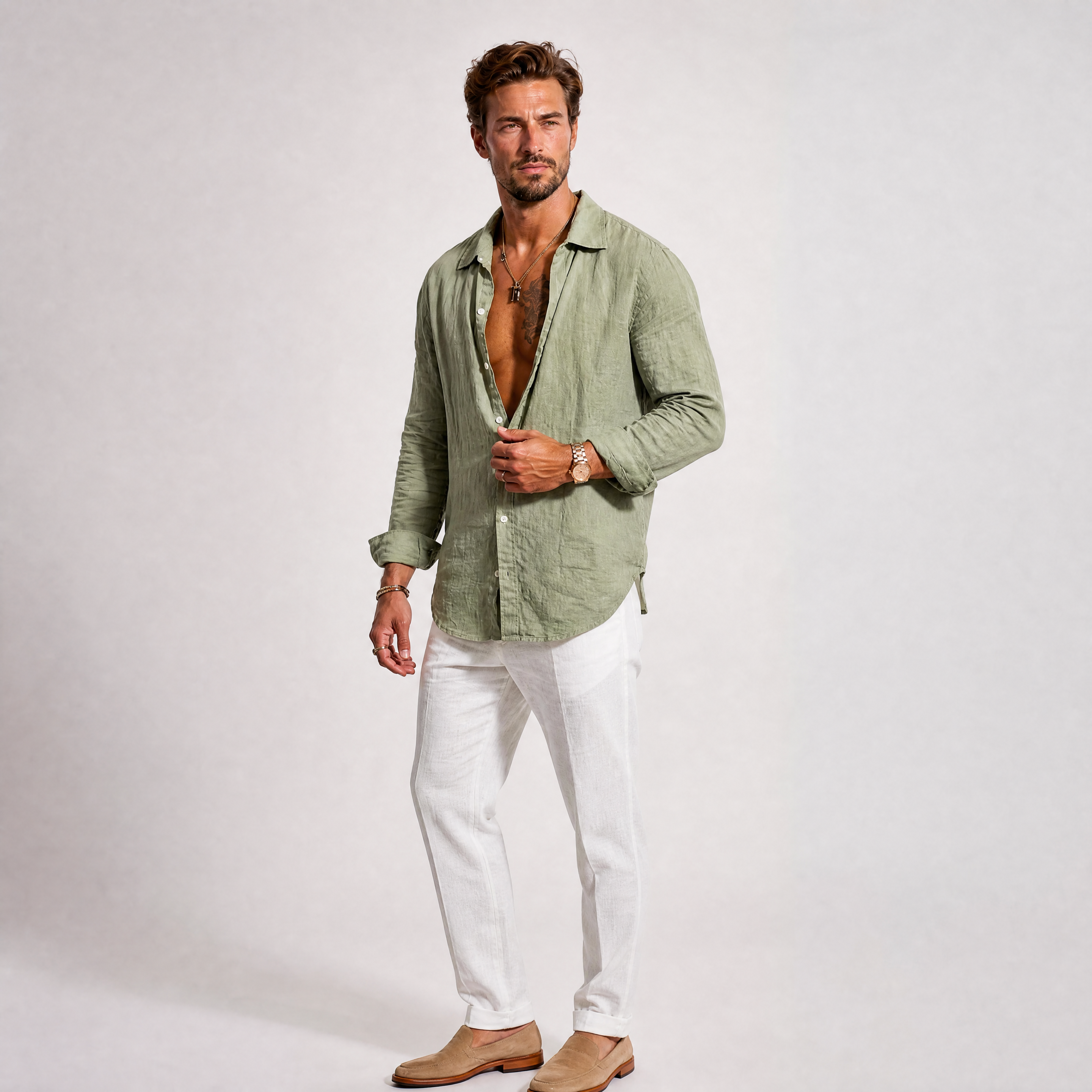 Herren Leinenhemd Olivgrün - Strukturierte Passform Luftiger Sommer Look - Rosesamour