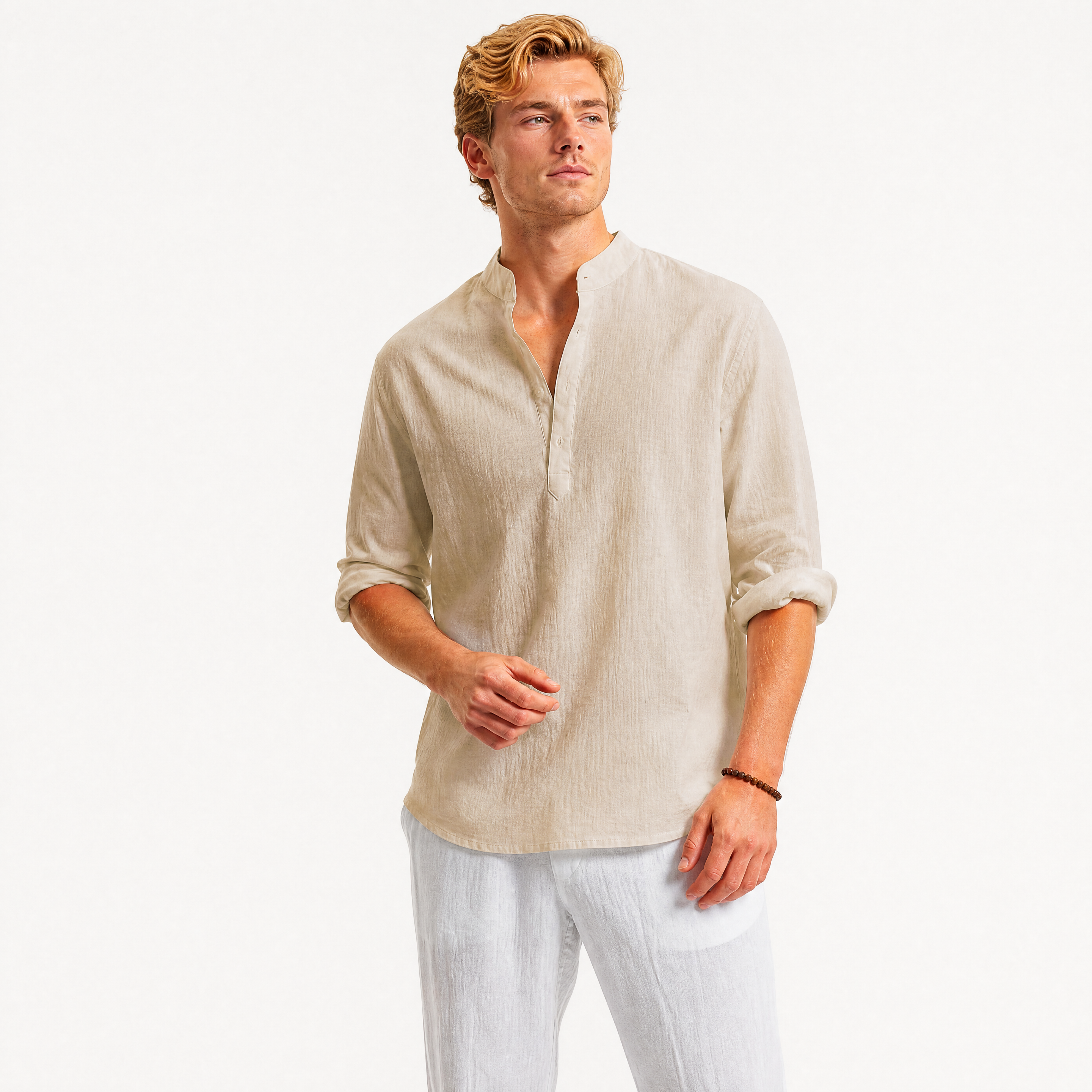 Herren Leinen Henley Hemd Beige - Lockere Passform Freizeit Look - Rosesamour