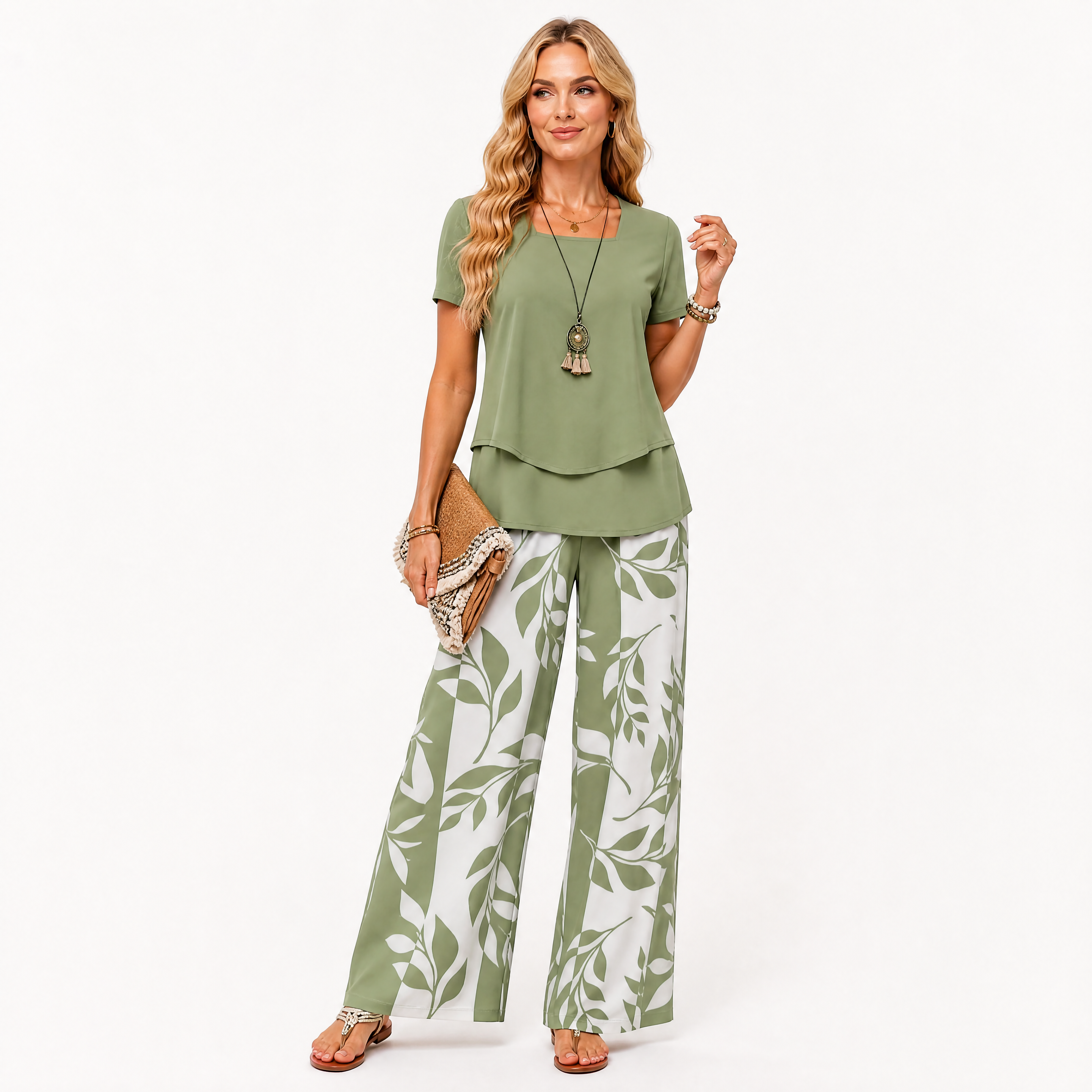 Damen Sommer Zweiteiler Set Grün - Lockere Passform Luftiger Look - Rosesamour