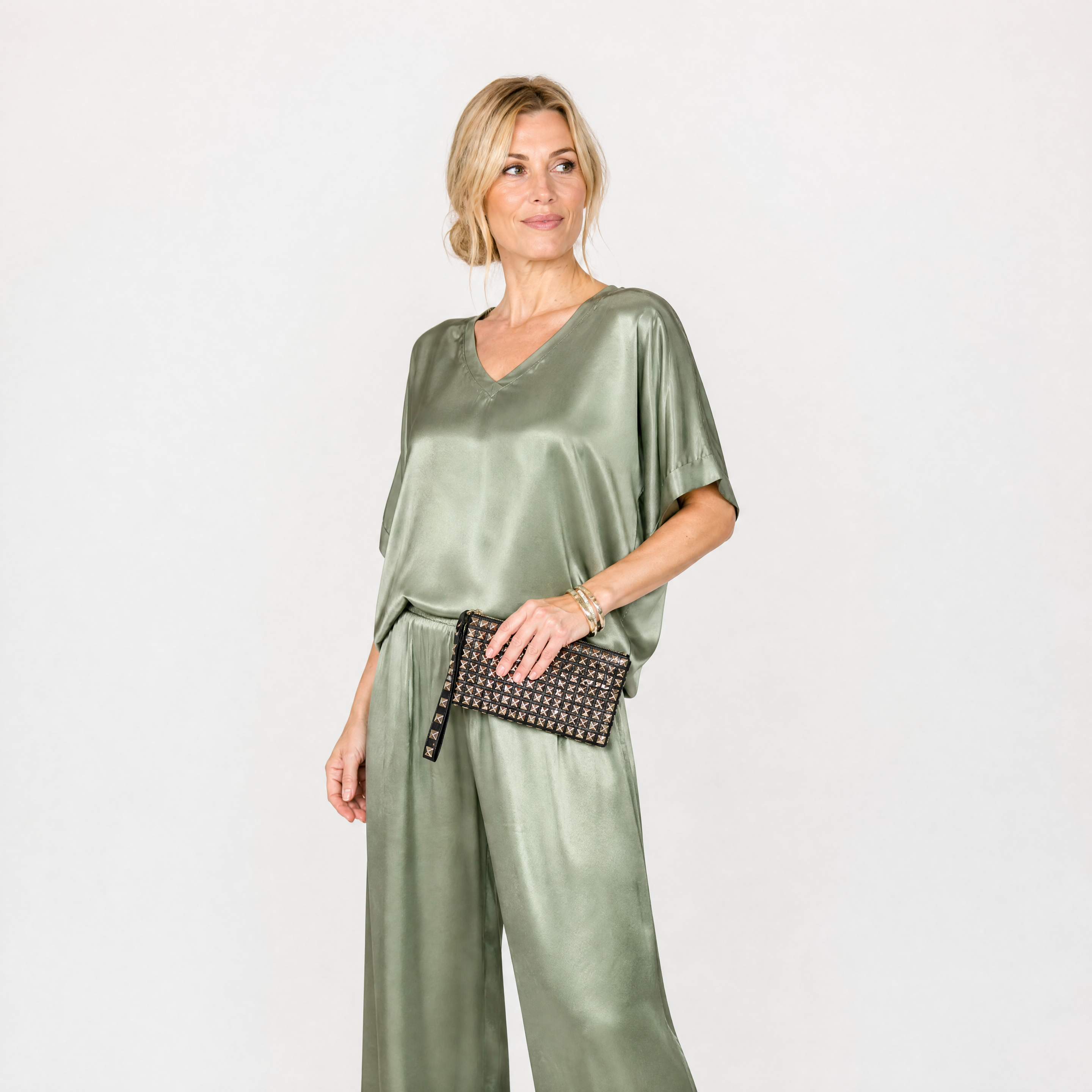 Damen Satin Bluse Hose Set Grün - Lockere Passform Eleganter Freizeit Look - Rosesamour
