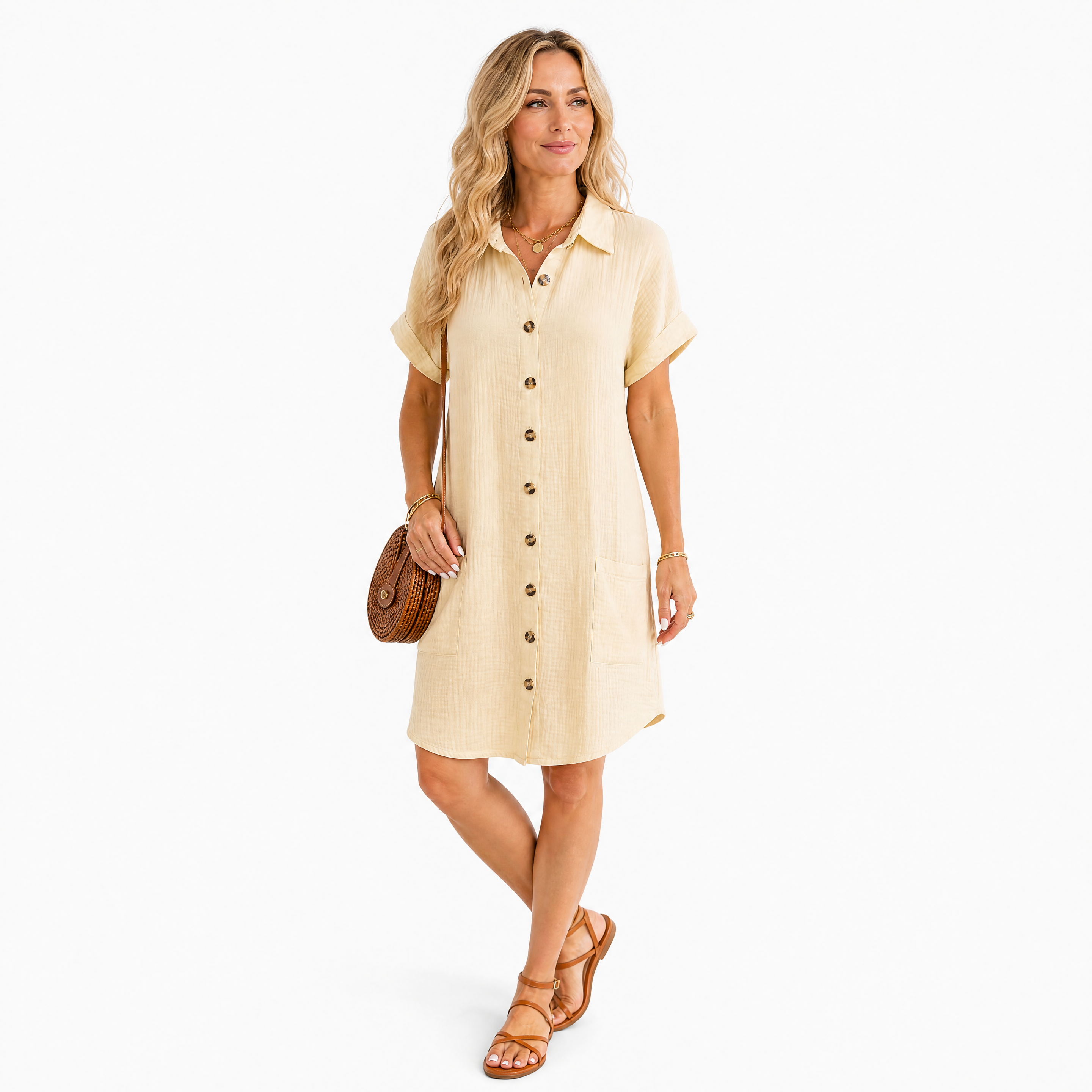 Damen Blusenkleid Khaki Sommer - Lockere Passform Leichter Freizeit Look - Rosesamour
