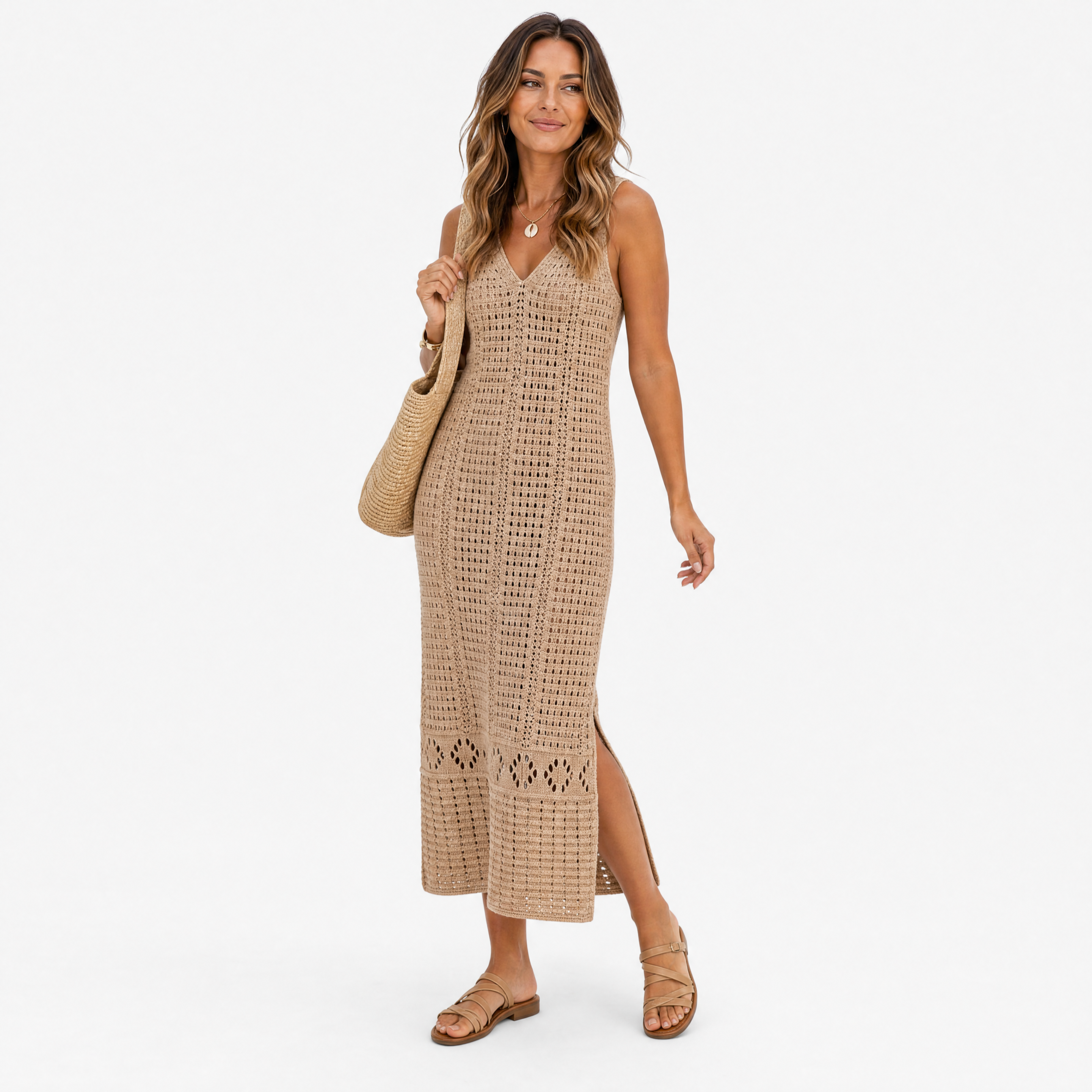 Damen Sommer Häkel Maxikleid Khaki - Fließende Passform Boho Look - Rosesamour