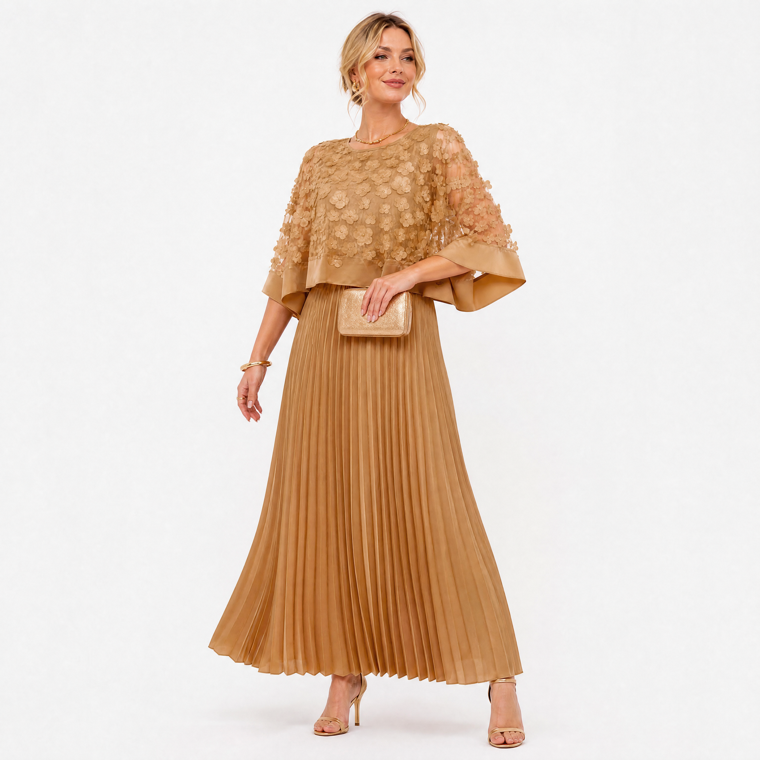 Damen Elegant Plissee Maxikleid Khaki - Fließende Passform Femininer Look - Rosesamour
