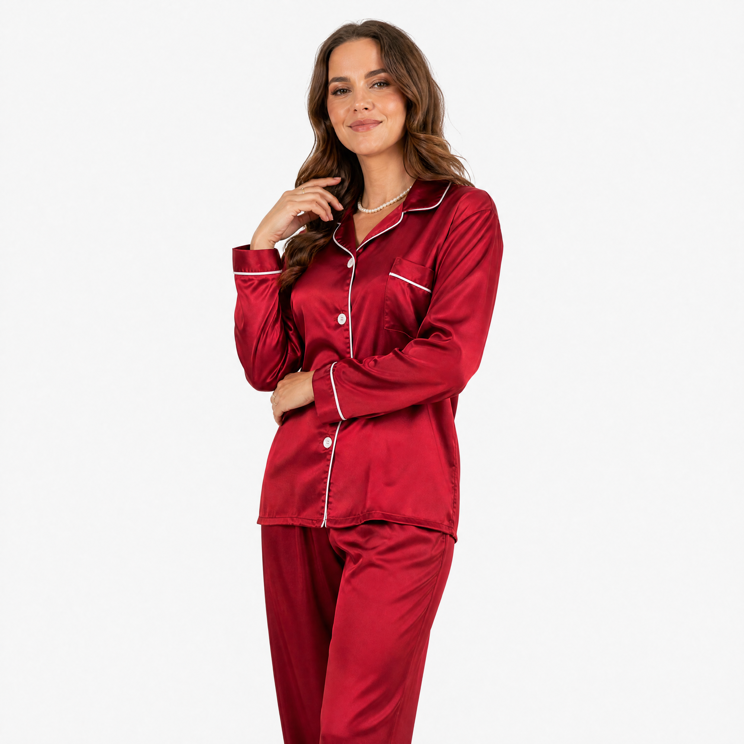 Damen Satin Pyjama Set Rot - Lockere Passform Eleganter Freizeit Look - Rosesamour