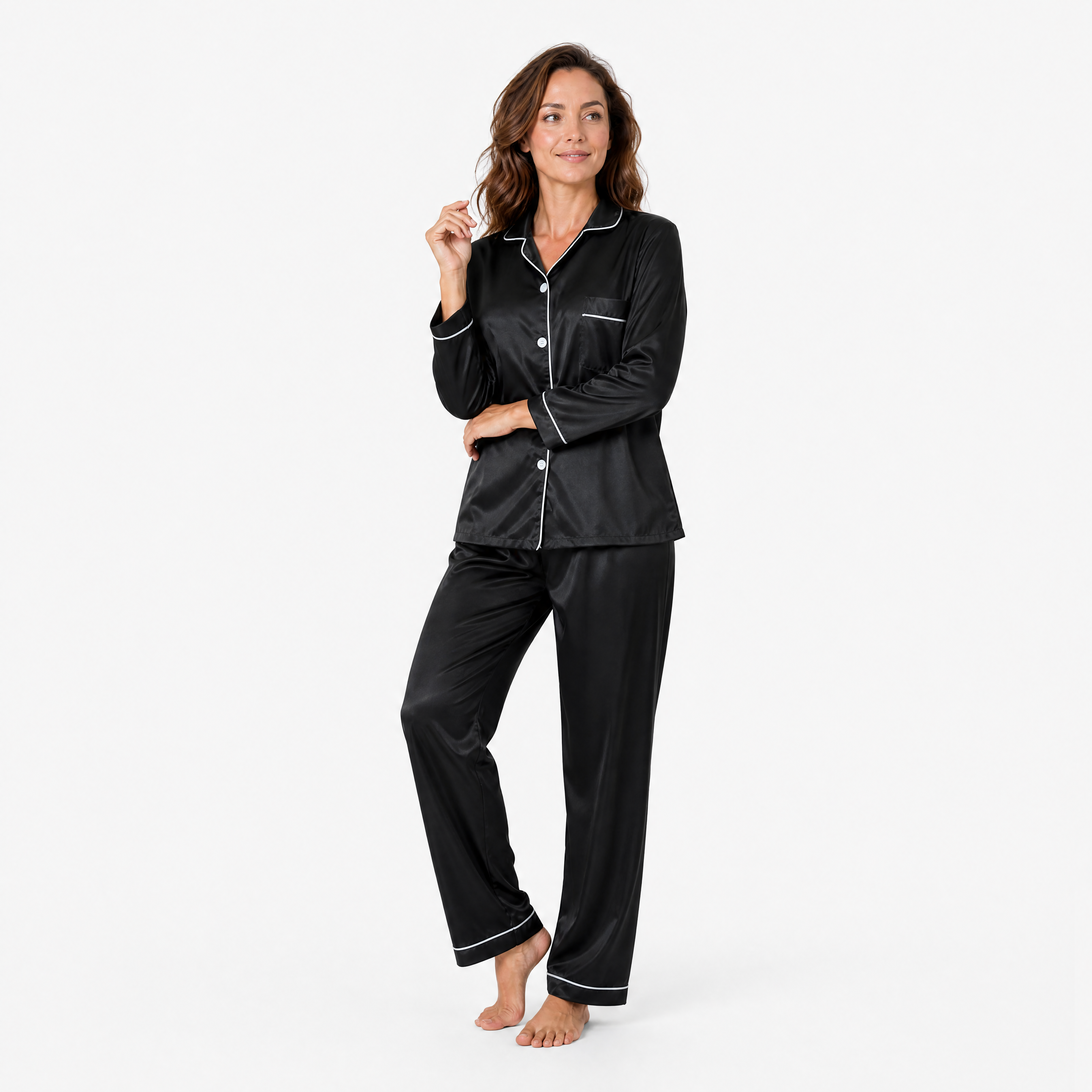 Damen Satin Pyjama Set Schwarz - Lockere Passform Eleganter Freizeit Look - Rosesamour
