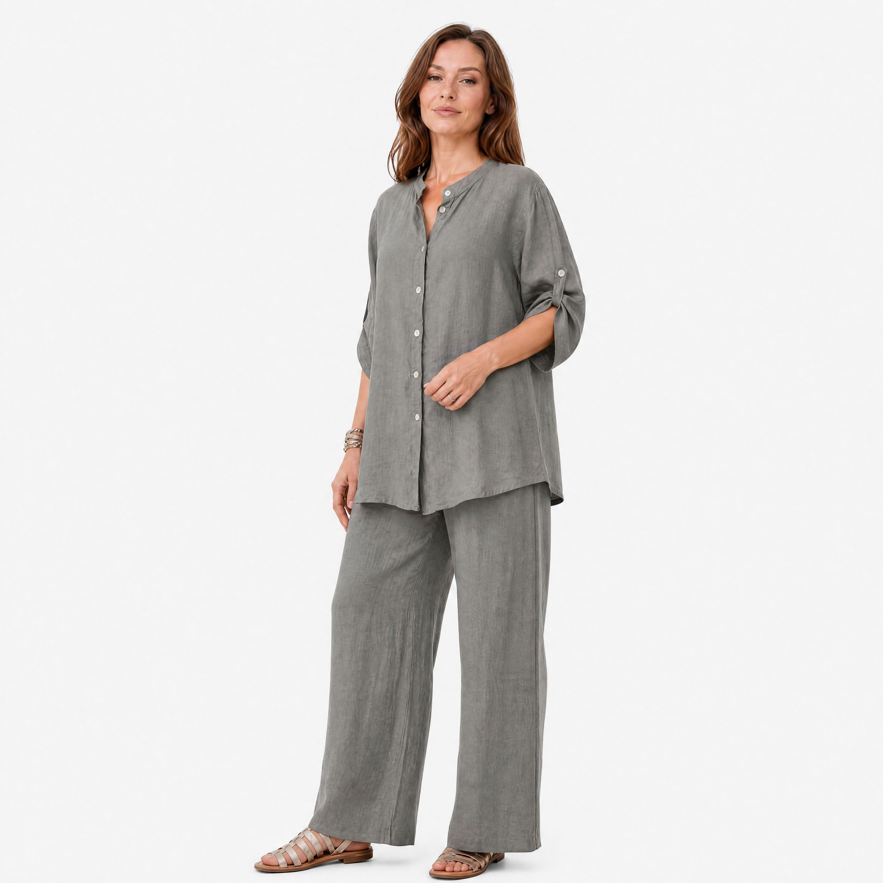 Damen Leinen Freizeit Set Grau - Lockere Passform Sommer Eleganz Look - Rosesamour