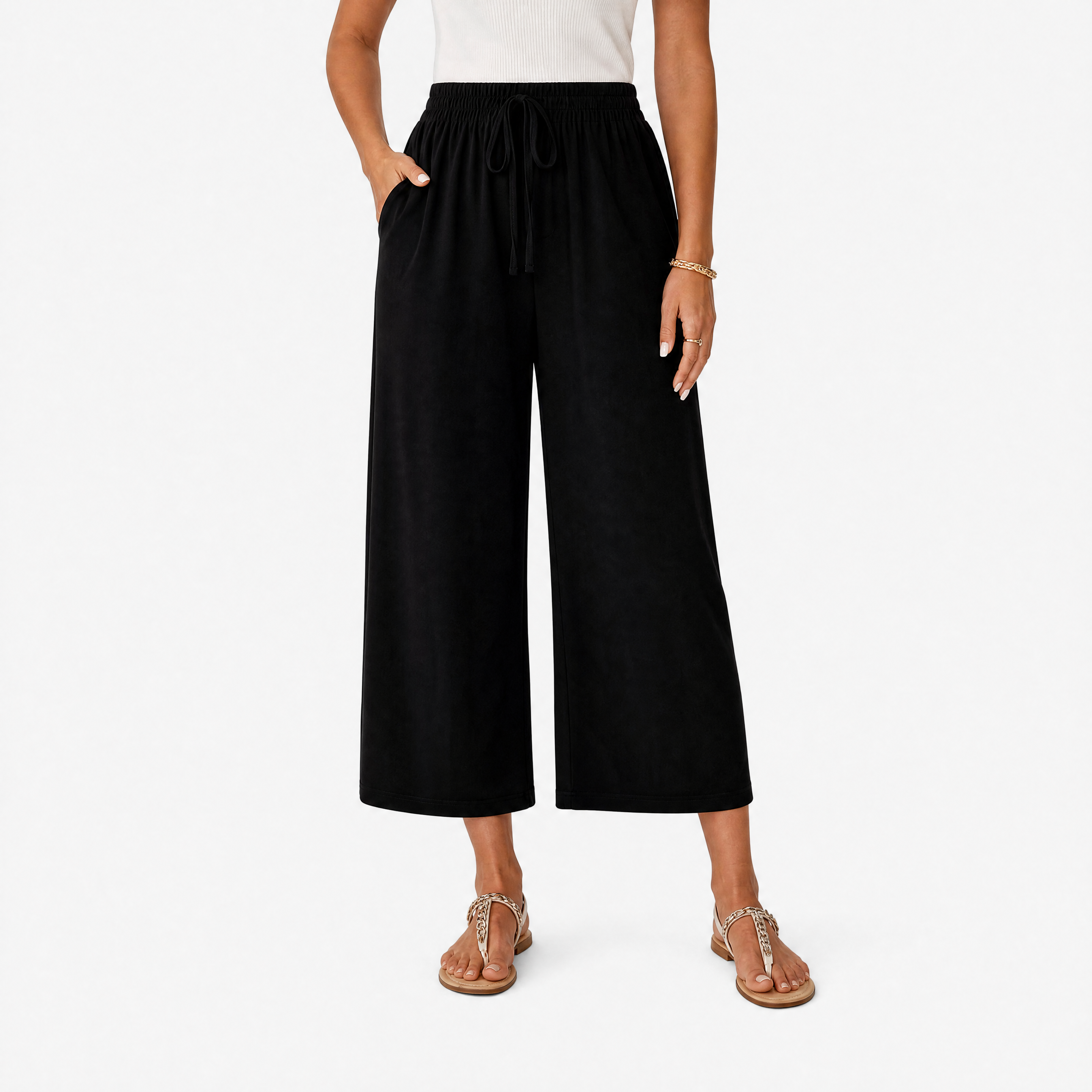 Damen Culotte Hose Schwarz - Lockere Passform Sommer Freizeit Look - Rosesamour