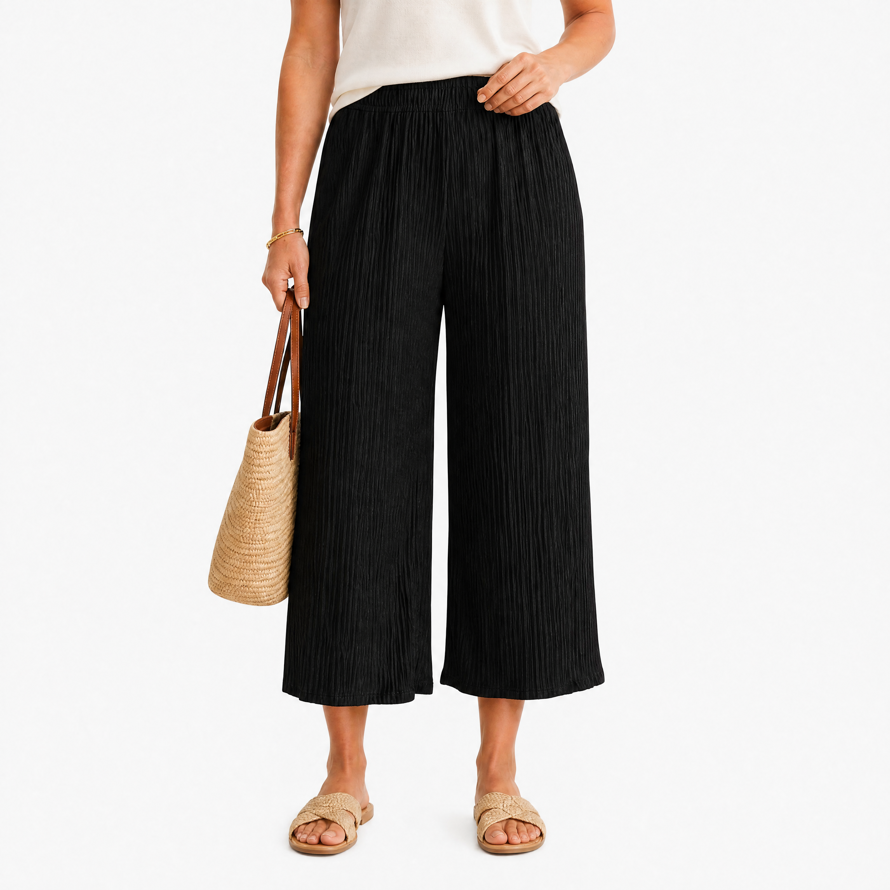Damen Plissee Palazzo Hose Schwarz - Weite Passform Sommer Freizeit Look - Rosesamour