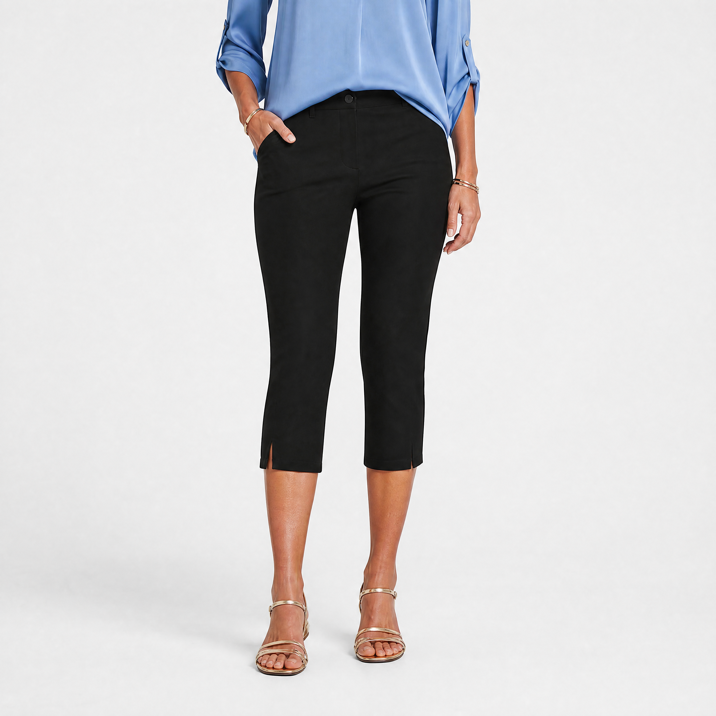 Damen Stretch Caprihose Schwarz - Schmale Passform Elastischer Sommer Look - Rosesamour