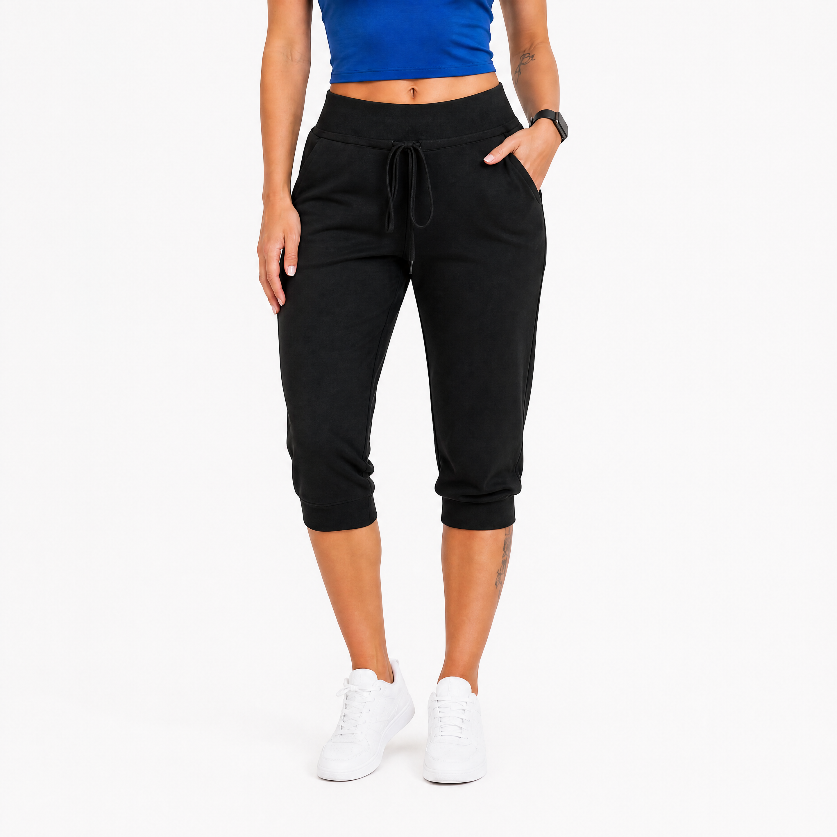 Damen Capri Jogginghose Schwarz - Hohe Taille Lockerer Freizeit Look - Rosesamour