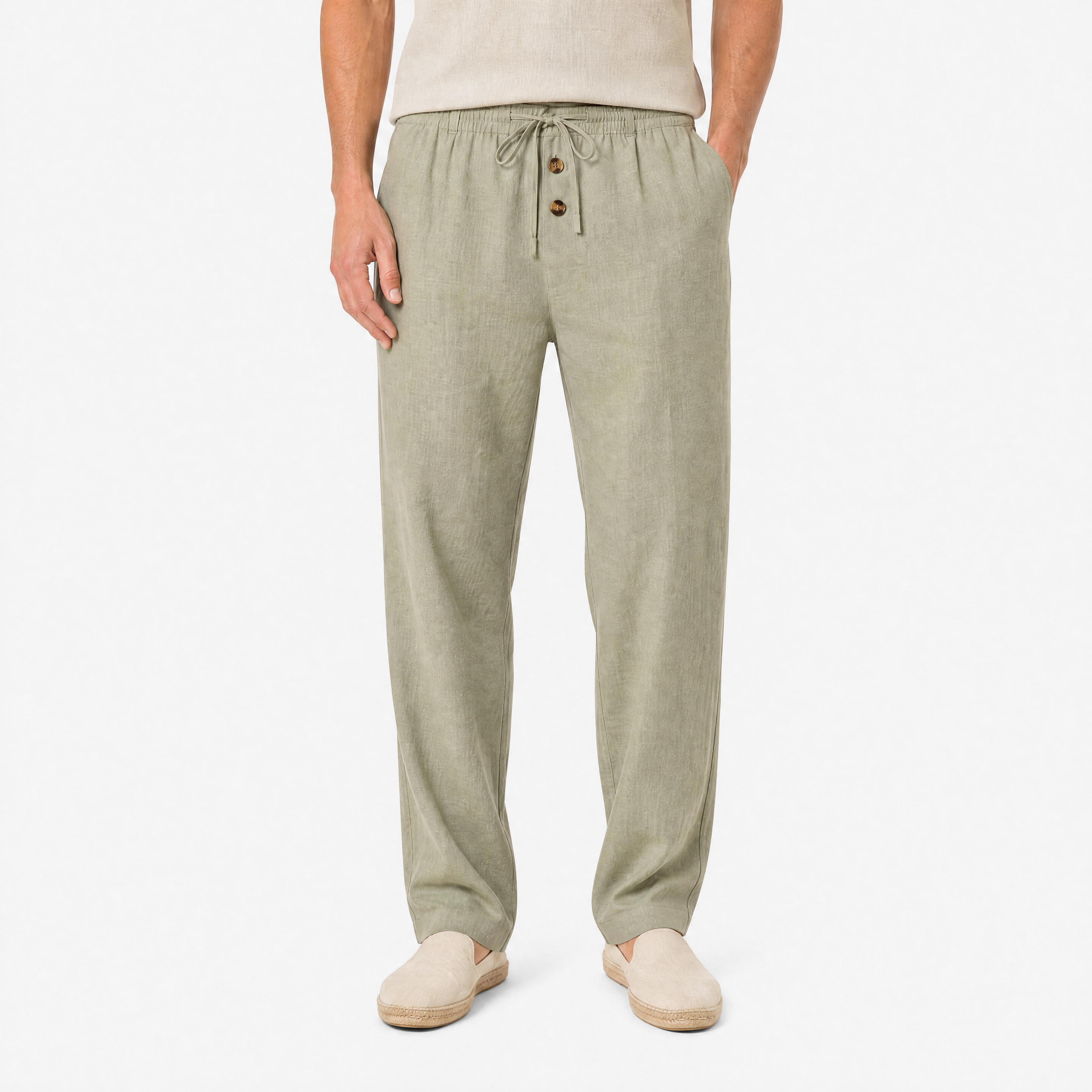 Herren Leinen Freizeithose Olivgrün - Lockere Passform Sommer Freizeit Look - Rosesamour