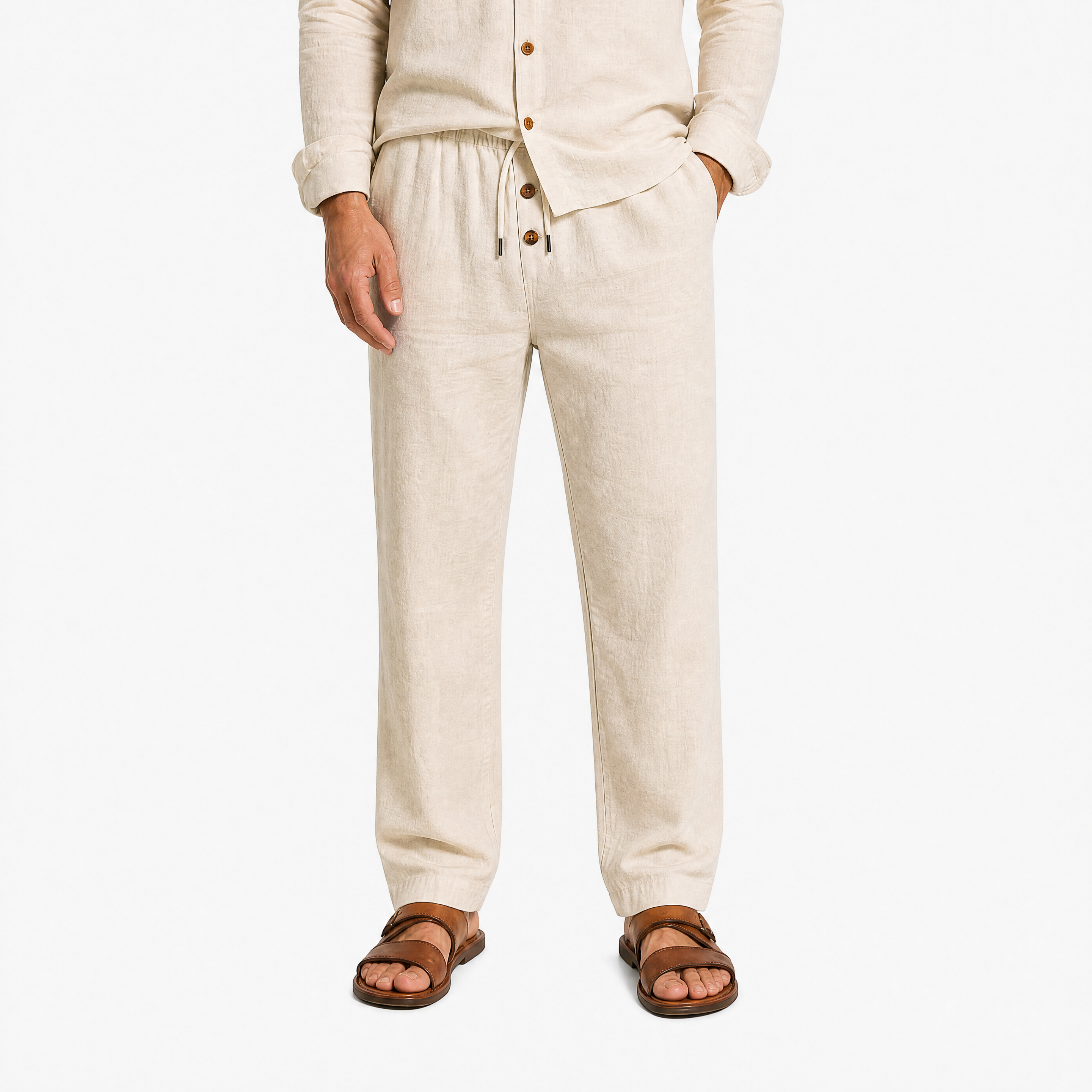 Herren Leinenhose Khaki - Lockere Passform Sommer Freizeit Look - Rosesamour