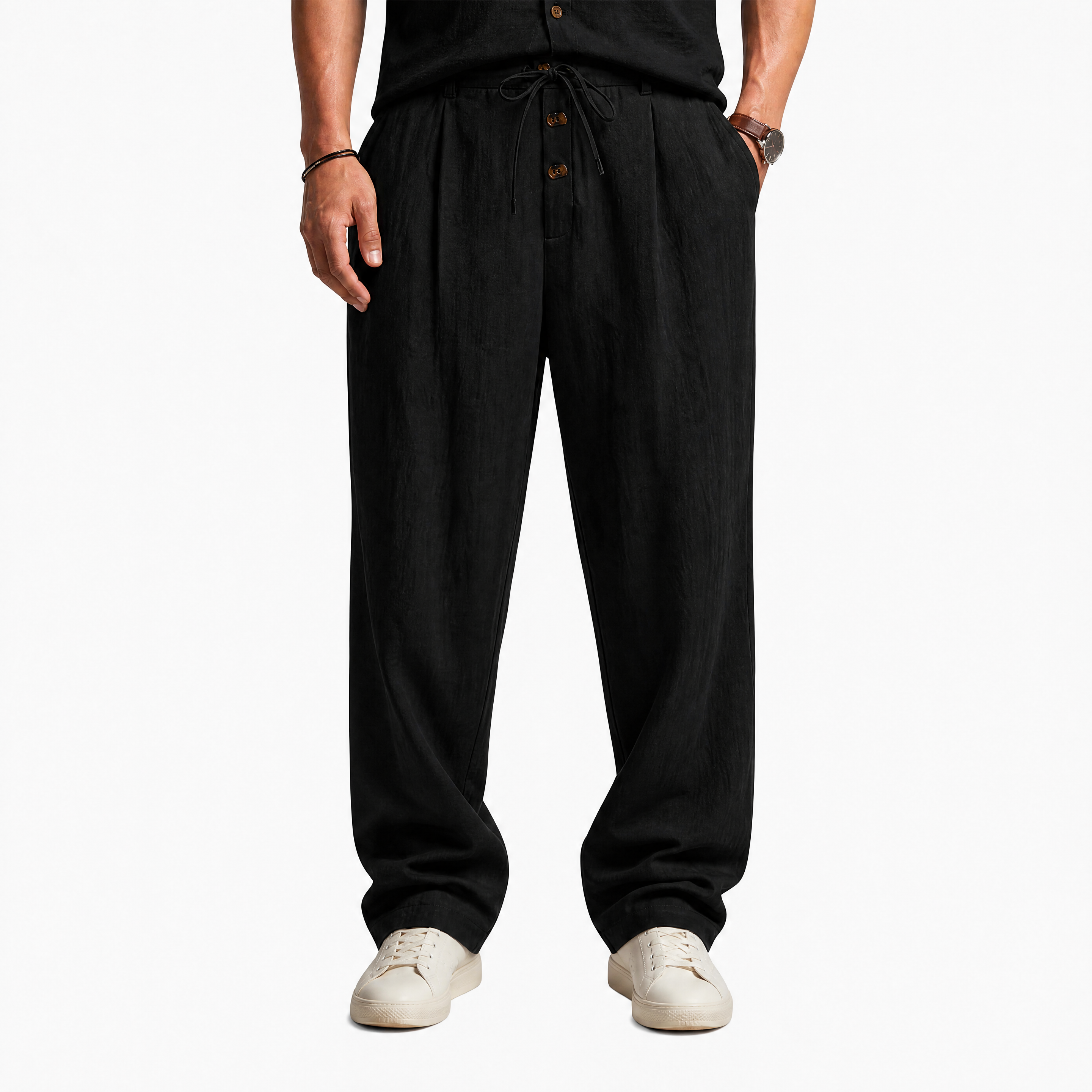 Herren Leinenhose Schwarz - Lockere Passform Sommer Freizeit Look - Rosesamour