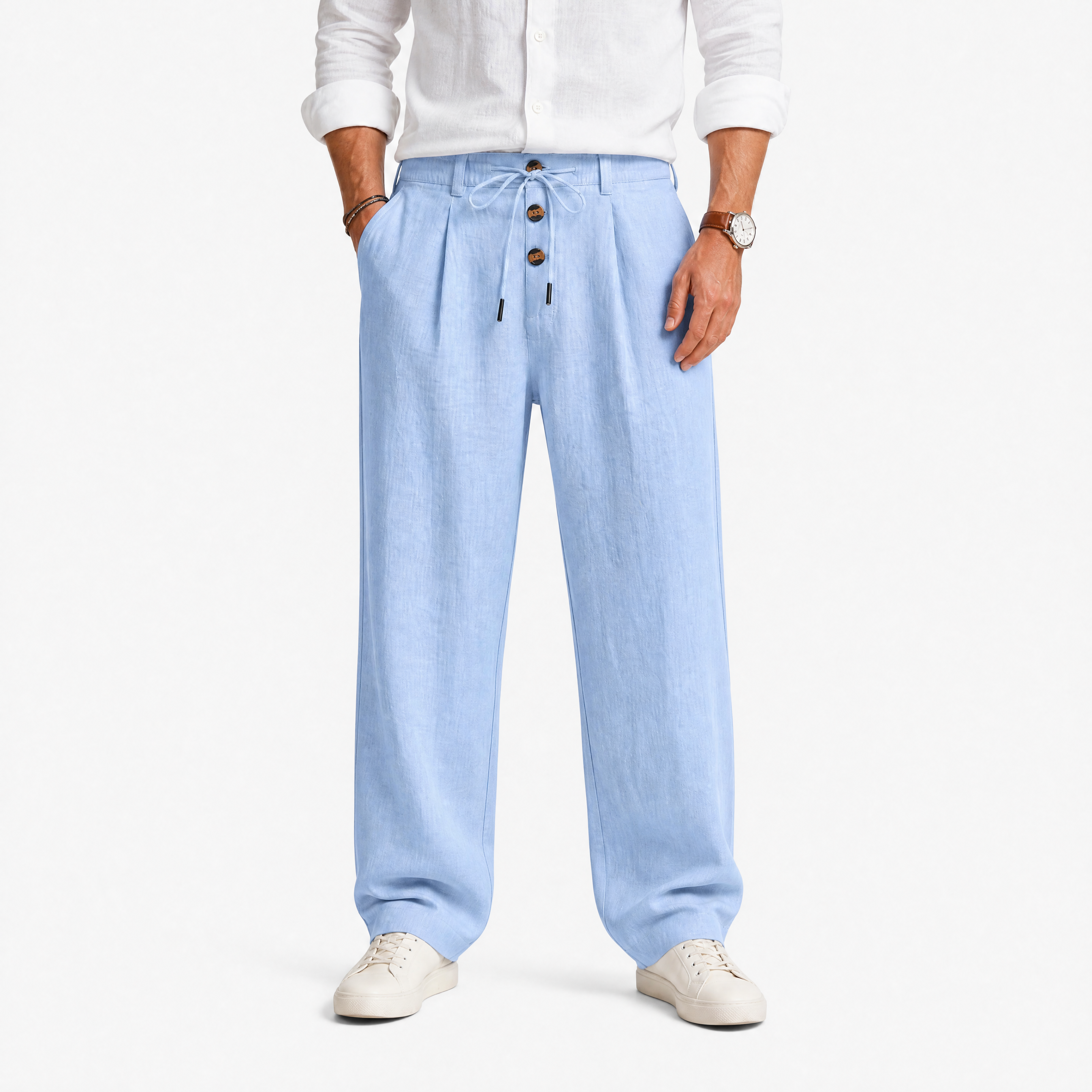 Herren Leinenhose Hellblau - Lockere Passform Sommer Freizeit Look - Rosesamour