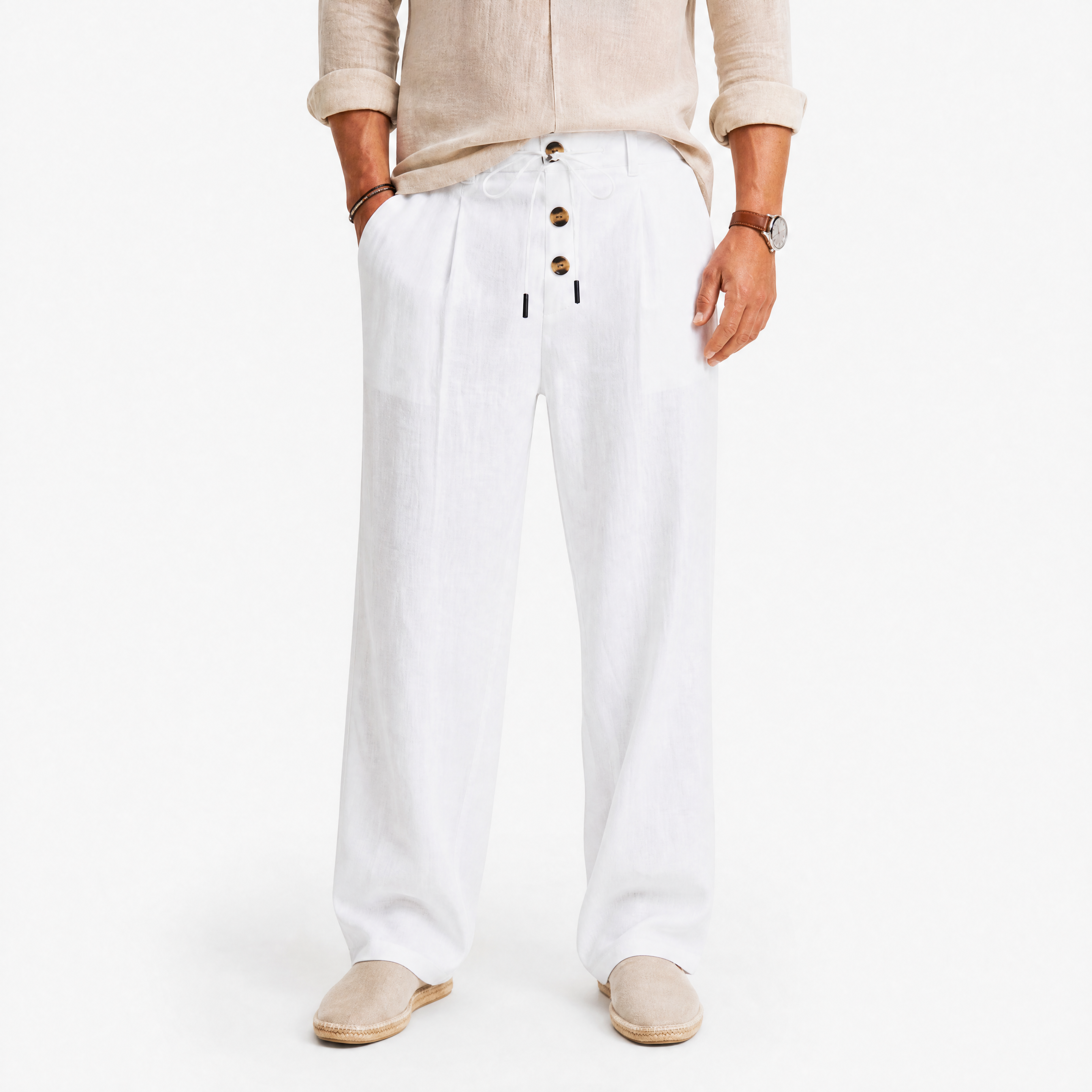 Herren Leinenhose Weiß - Lockere Passform Sommer Freizeit Look - Rosesamour