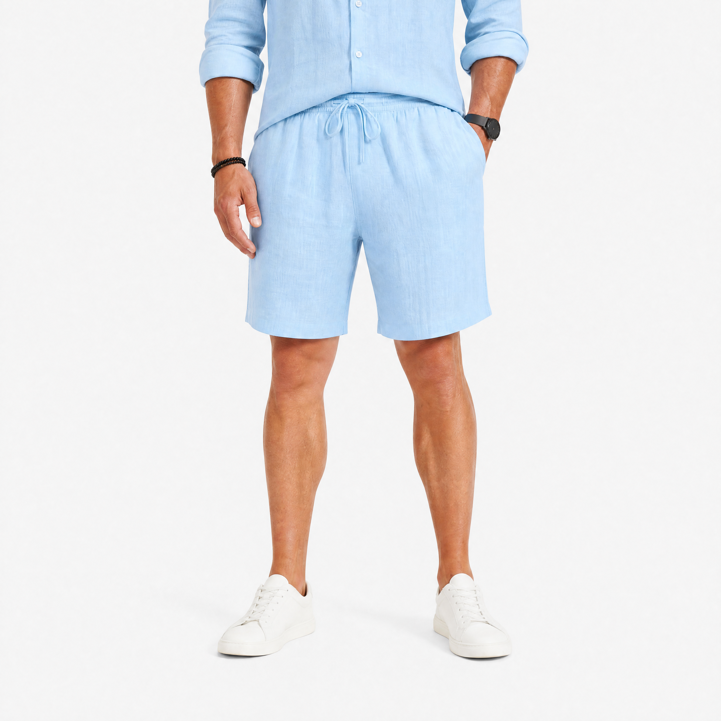 Herren Leinen Shorts Hellblau - Lockere Passform Sommer Freizeit Look - Rosesamour