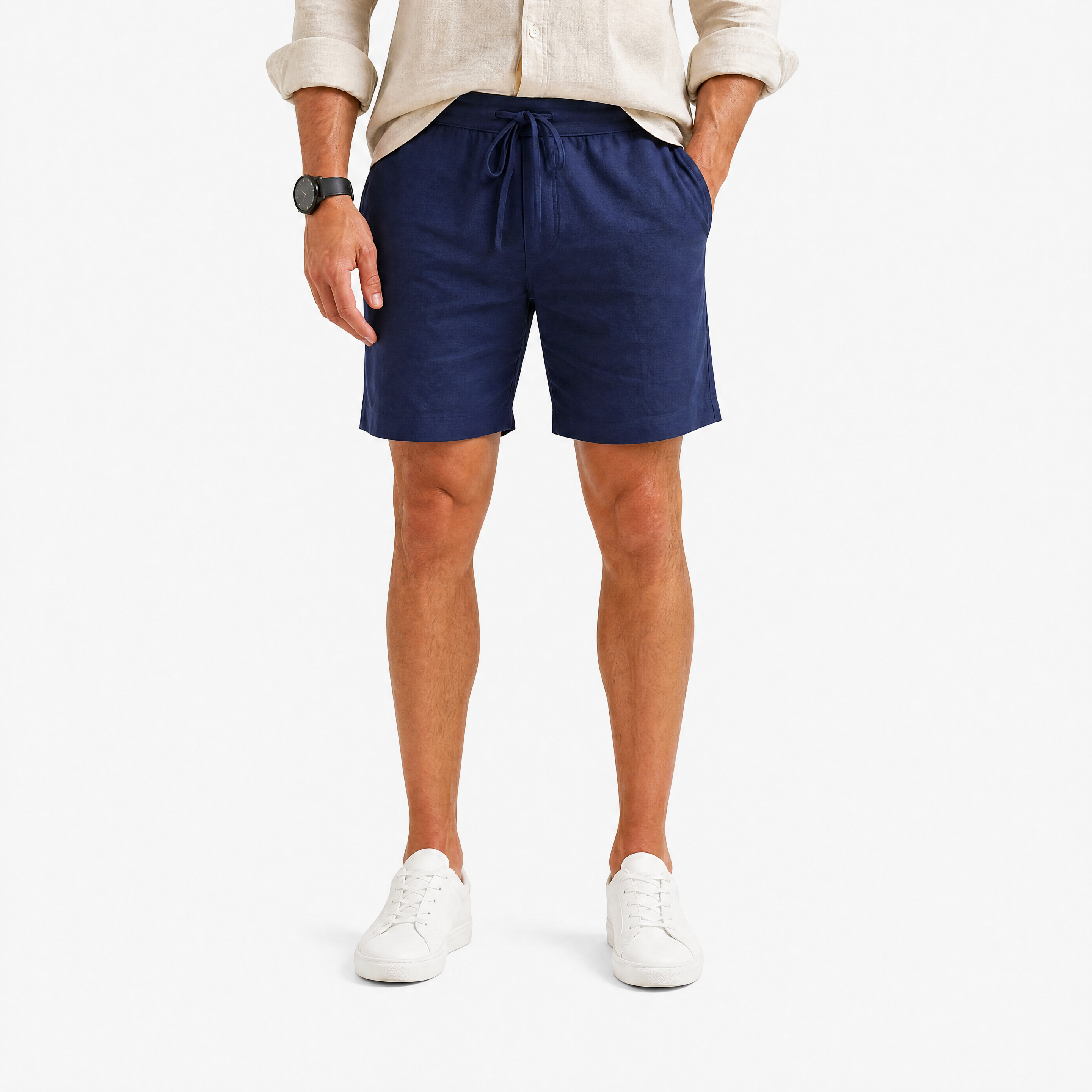Herren Leinen Shorts Marineblau - Lockere Passform Sommer Freizeit Look - Rosesamour