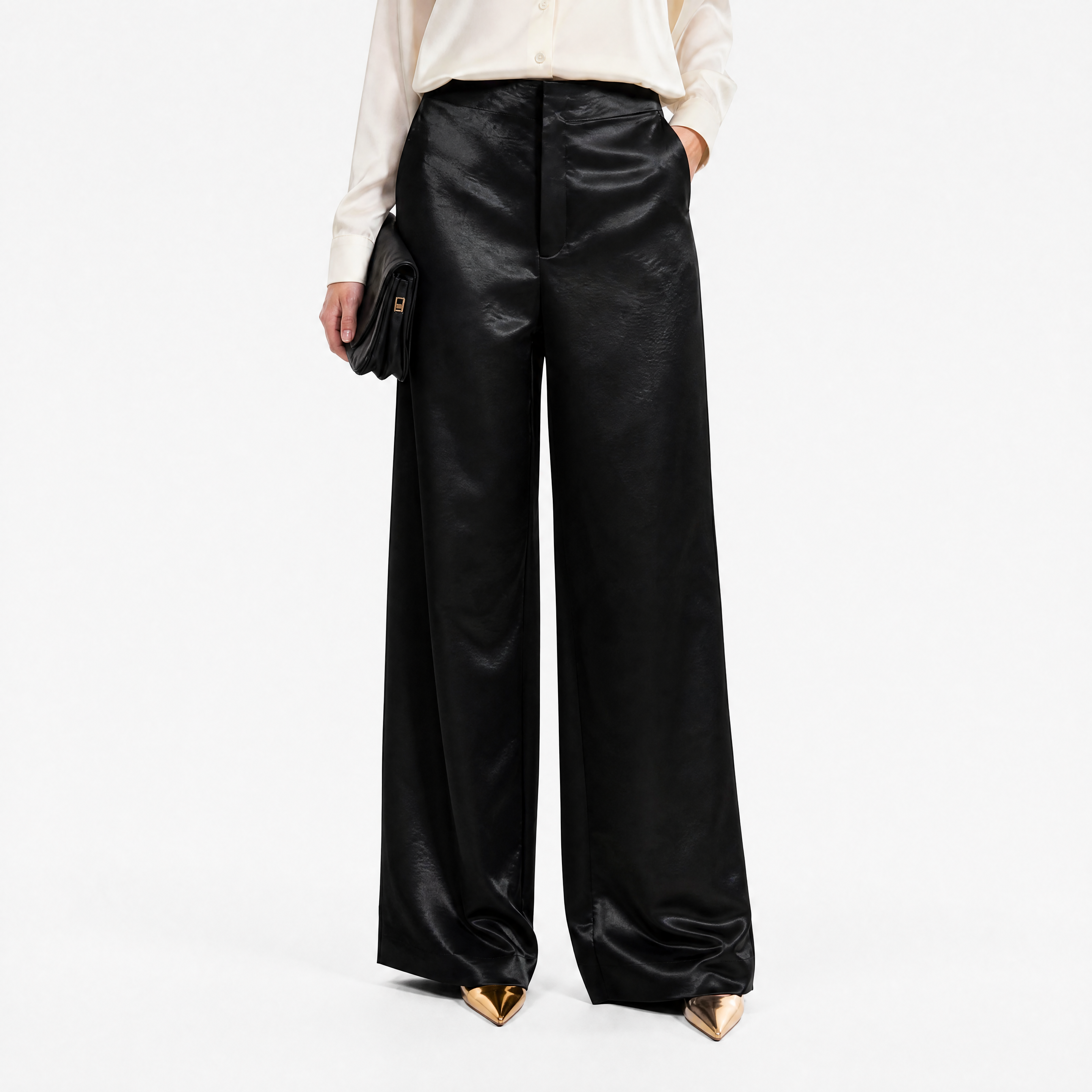 Damen Satin Hose Schwarz Weit - Lockere Passform Eleganter Freizeit Look - Rosesamour