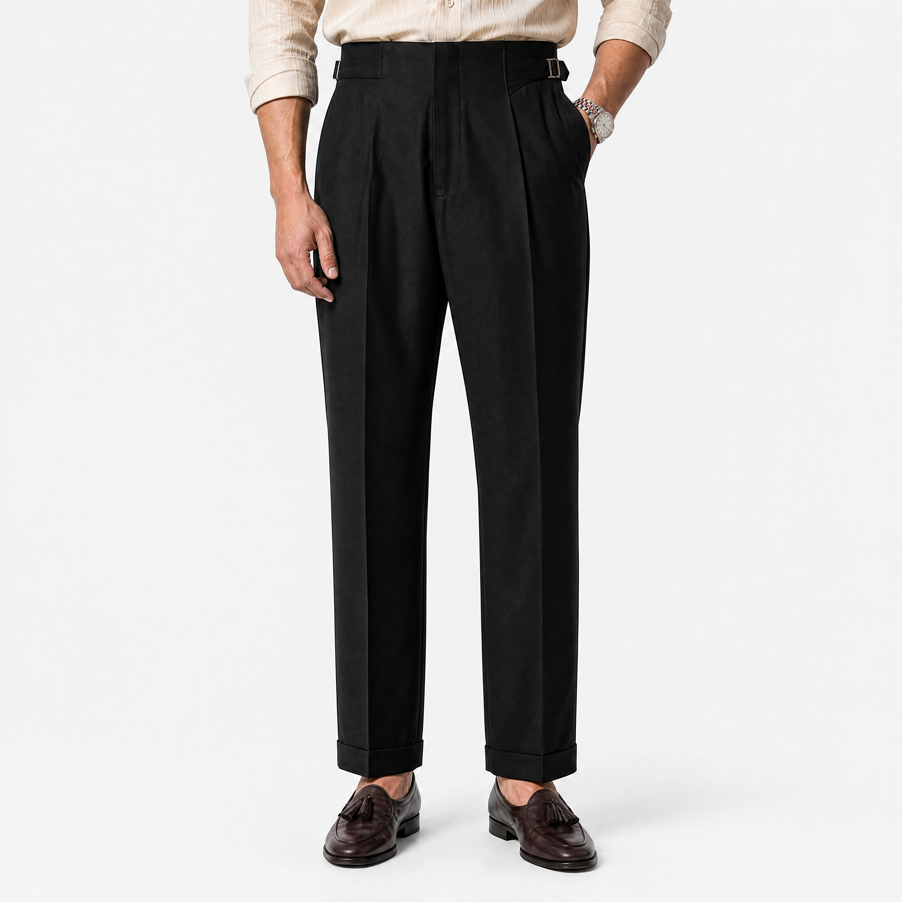 Herren Elegante Bundfaltenhose Schwarz - Weite Passform Business Look - Rosesamour